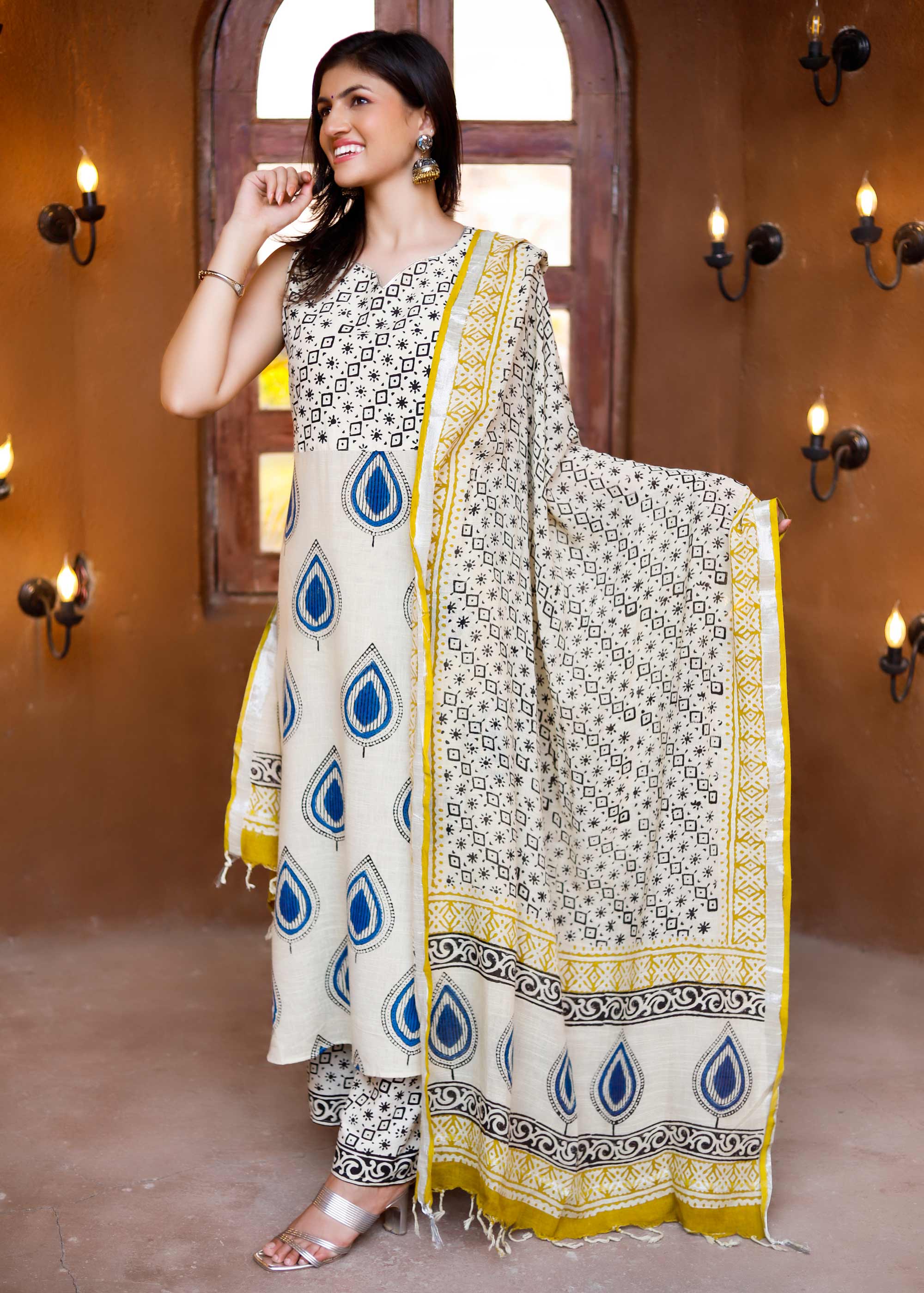 Offwhite block print palazzo suit set