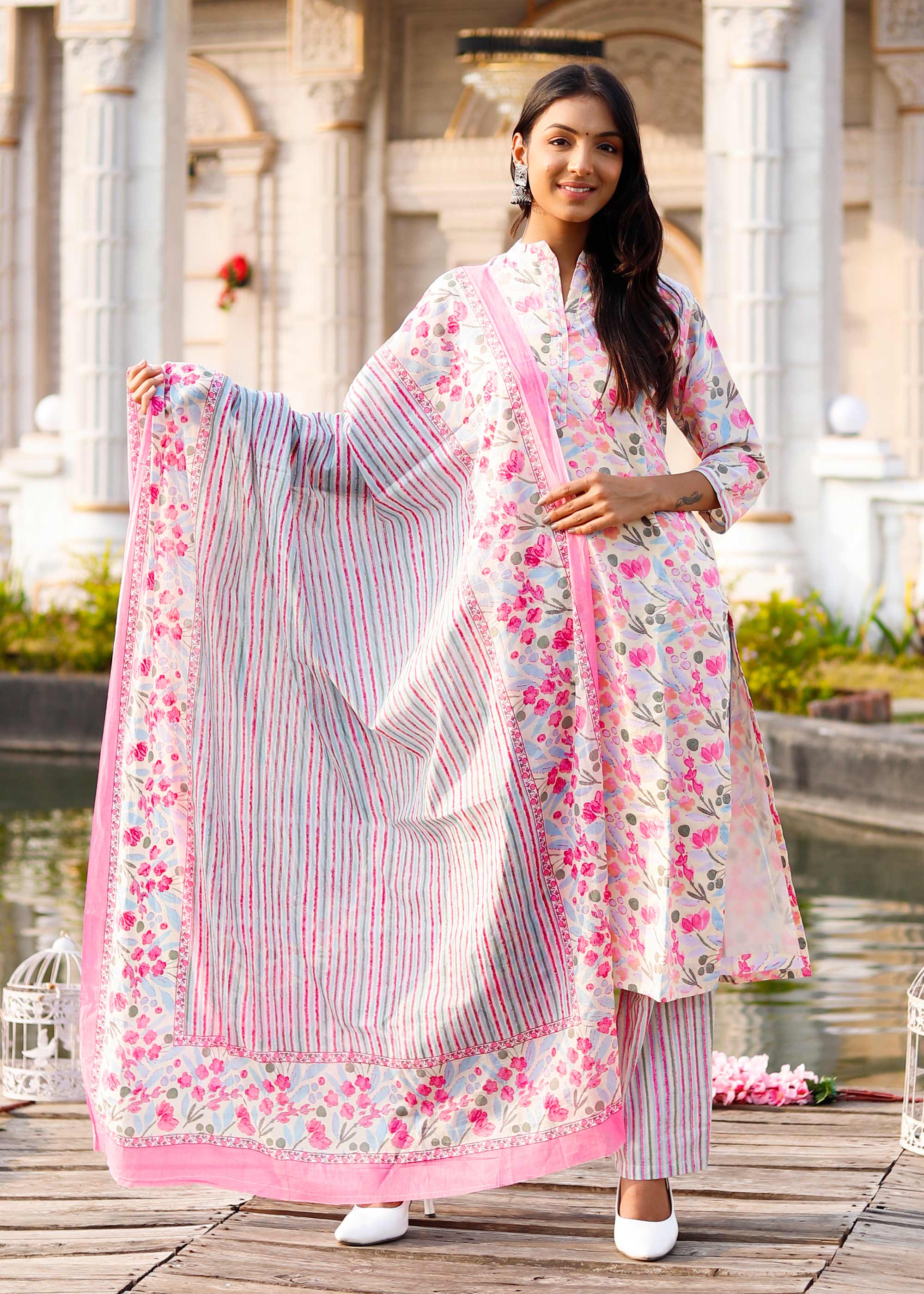 Pink Cotton printed 3 piece Suit set