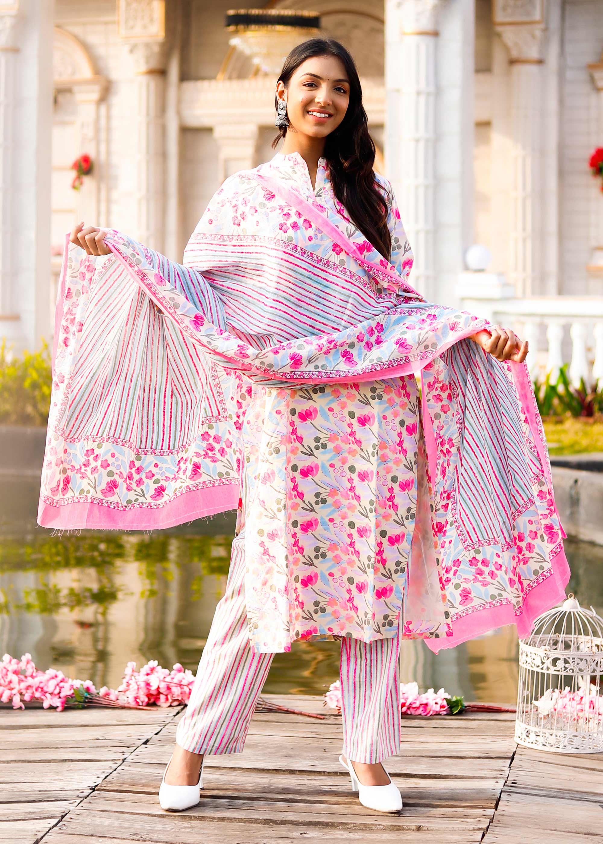 Pink Cotton printed 3 piece Suit set