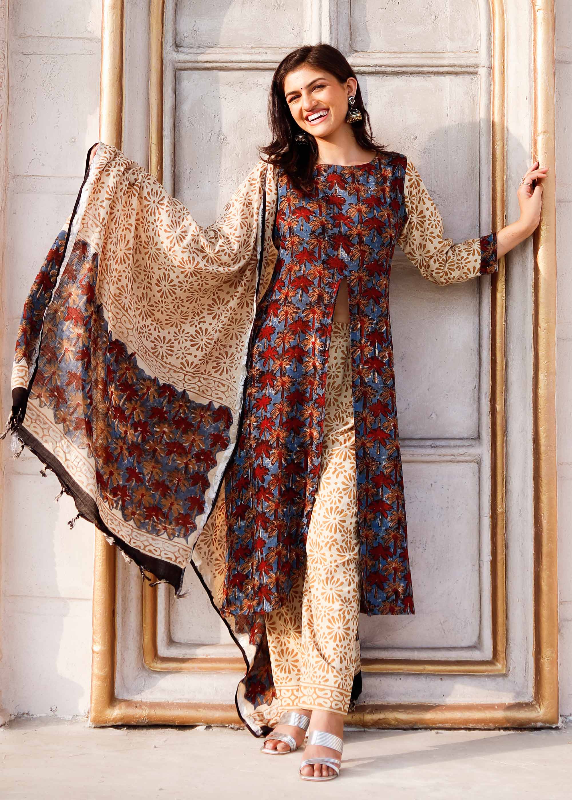 Maroon Block print Line Cotton Suit set