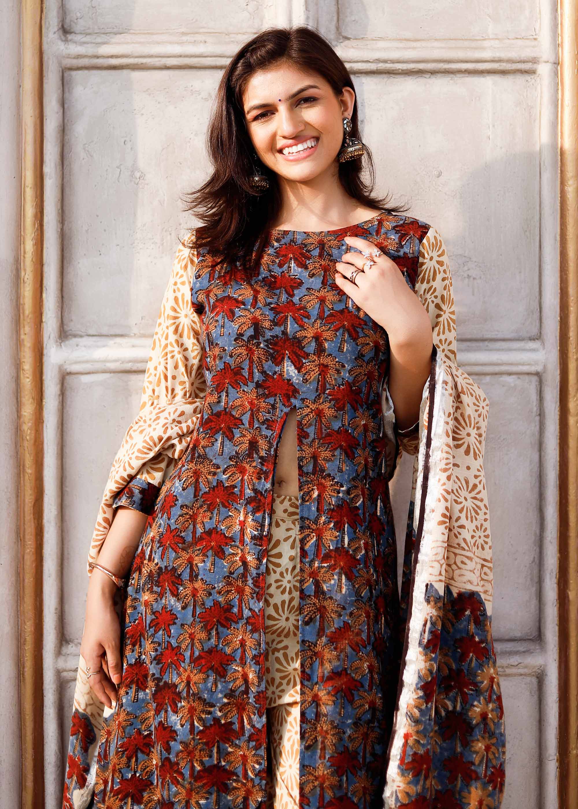 Maroon Block print Line Cotton Suit set