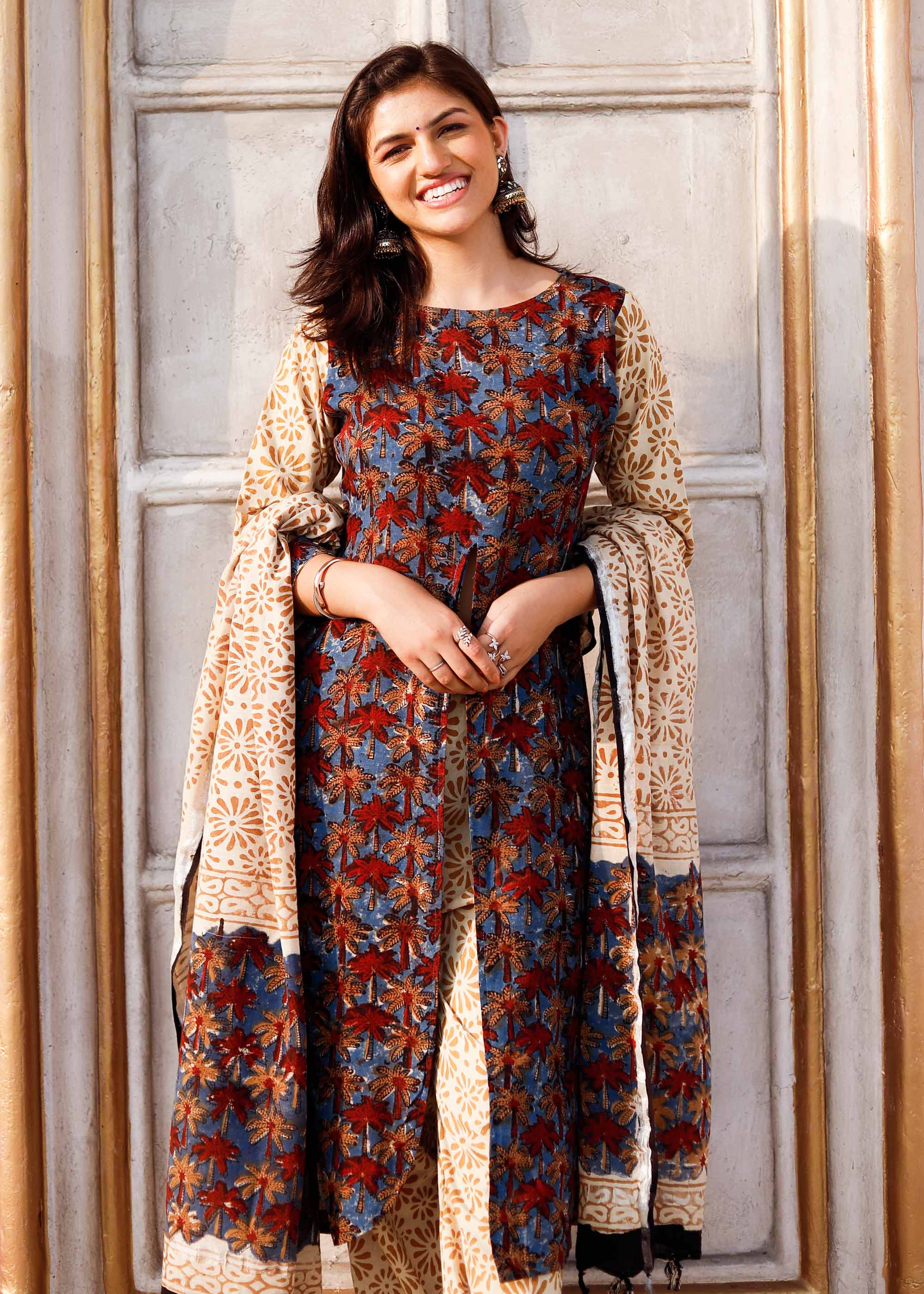 Maroon Block print Line Cotton Suit set