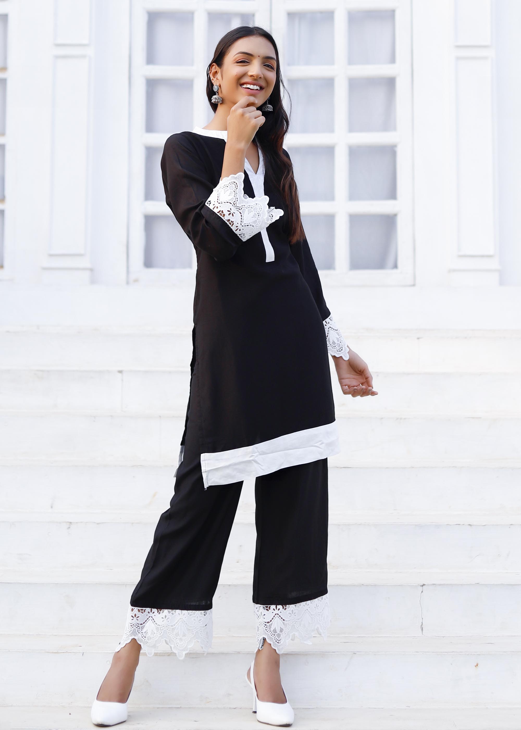 Black & White Modal Kurta set with lace work
