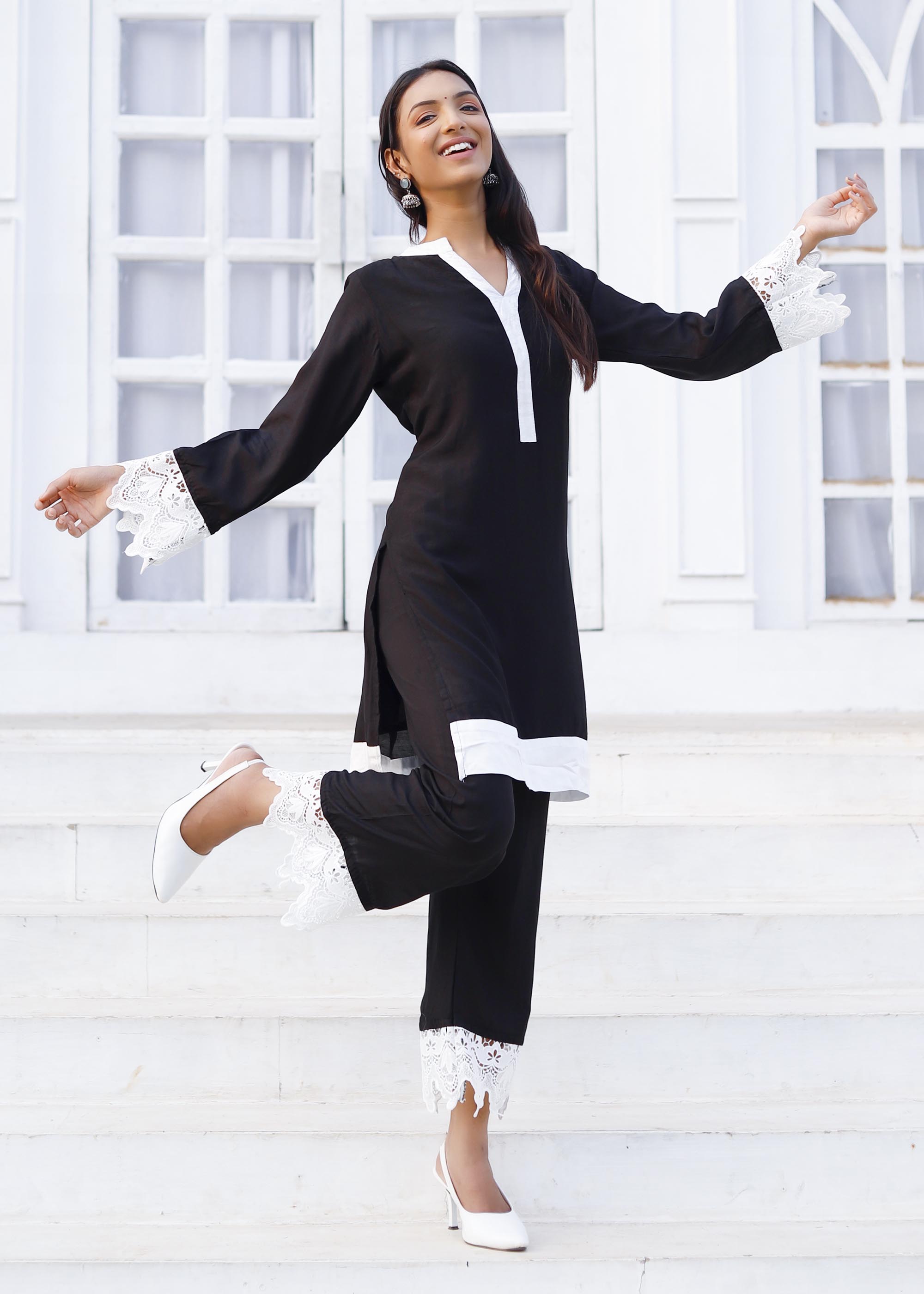 Black & White Modal Kurta set with lace work