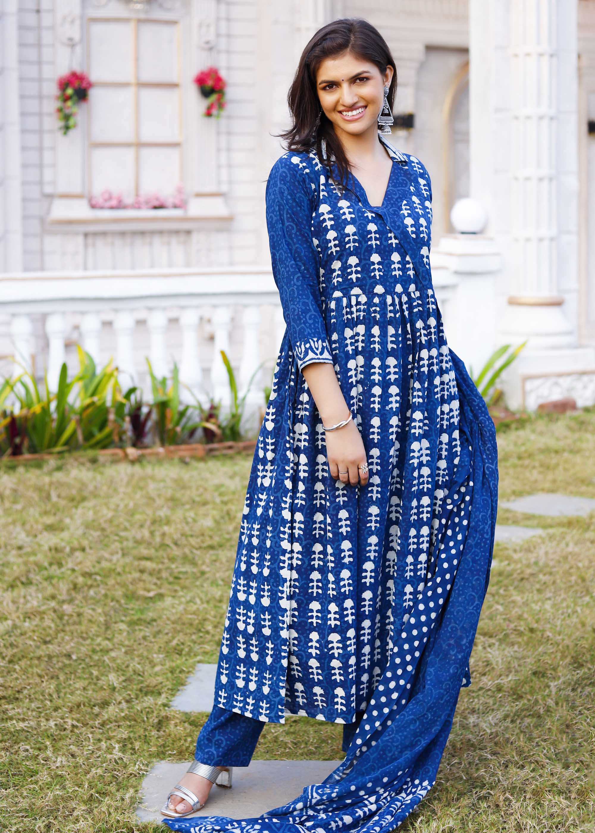 Blue printed Anarkali suit set