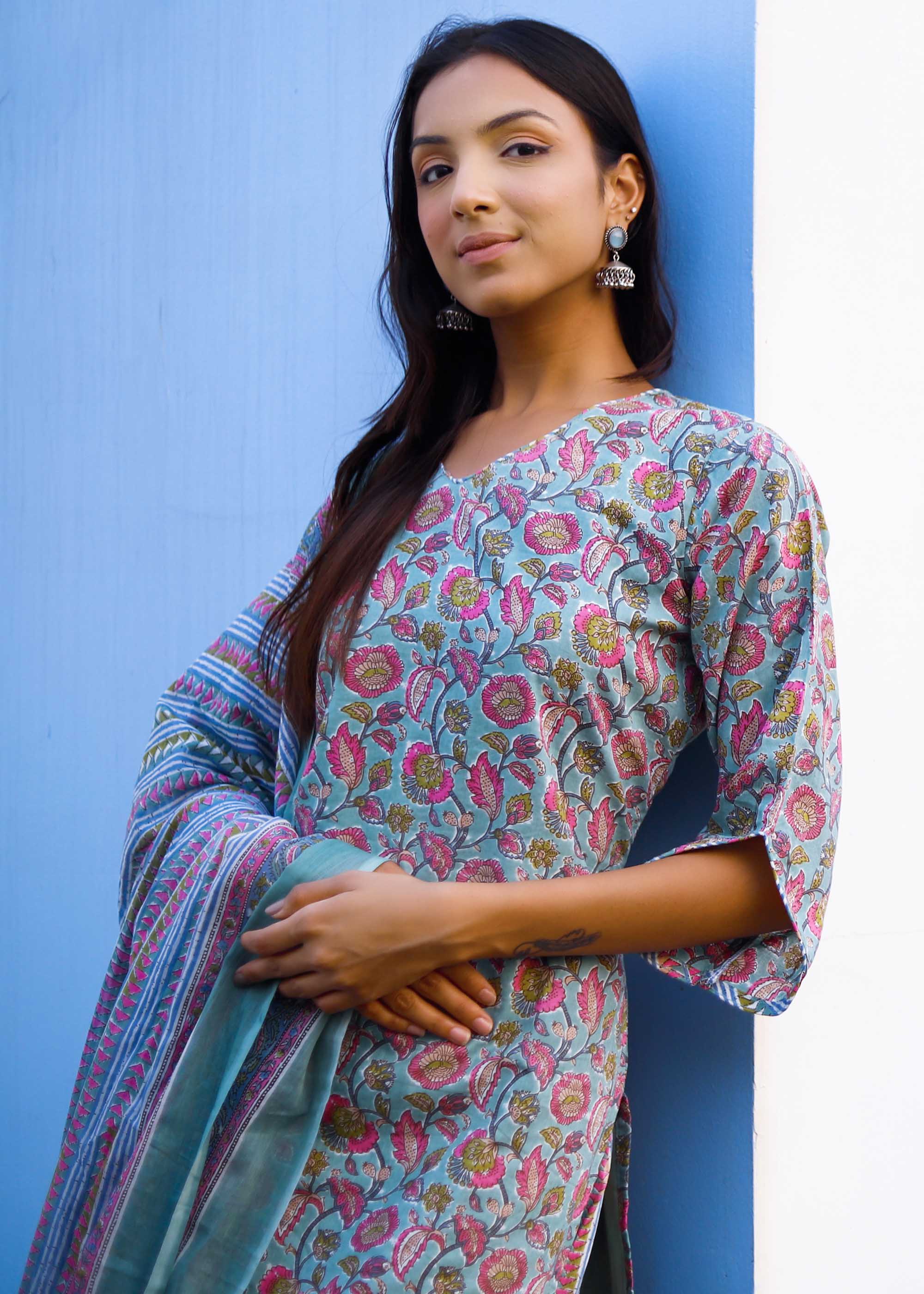 Light Blue printed cotton suit set