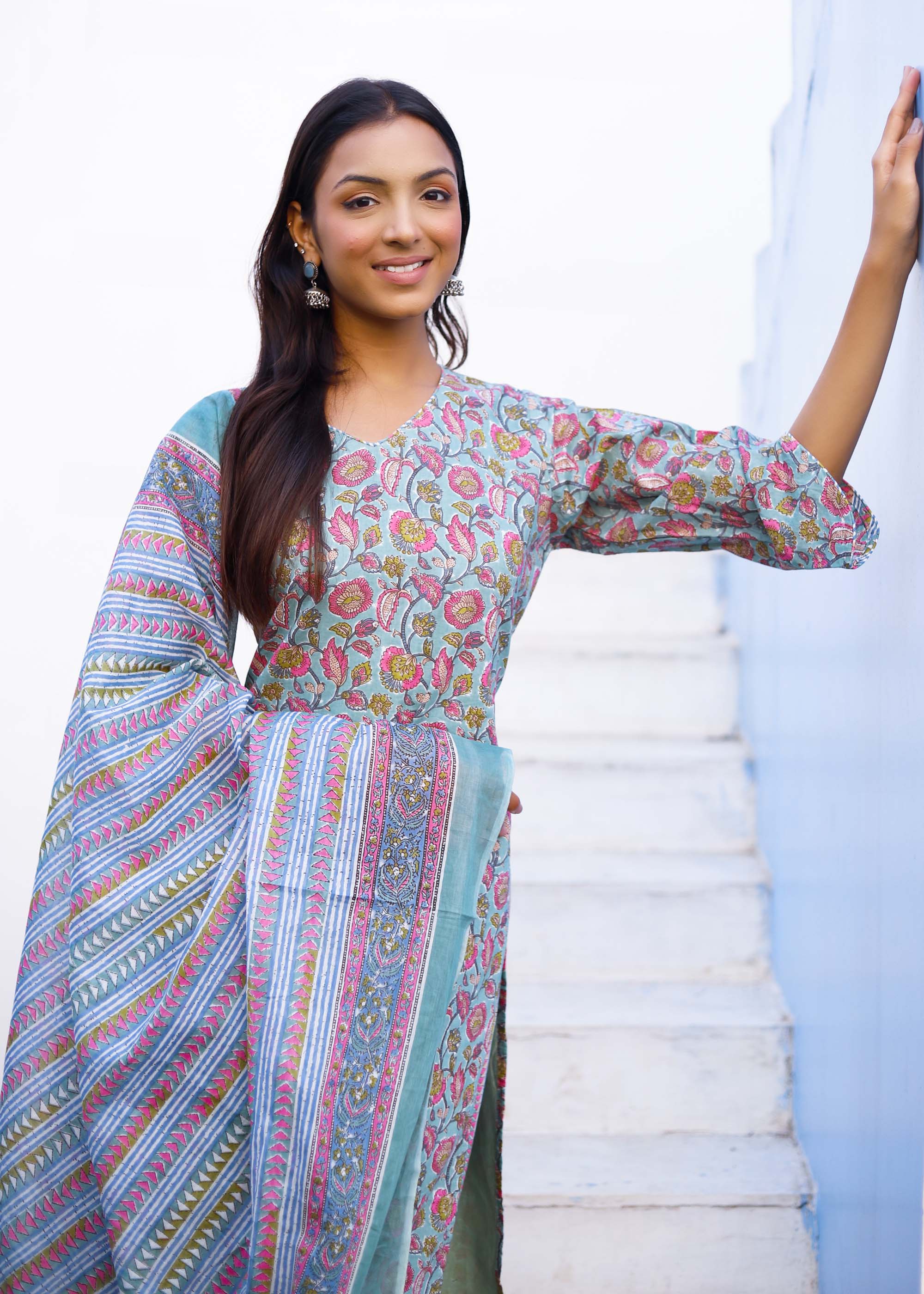 Light Blue printed cotton suit set