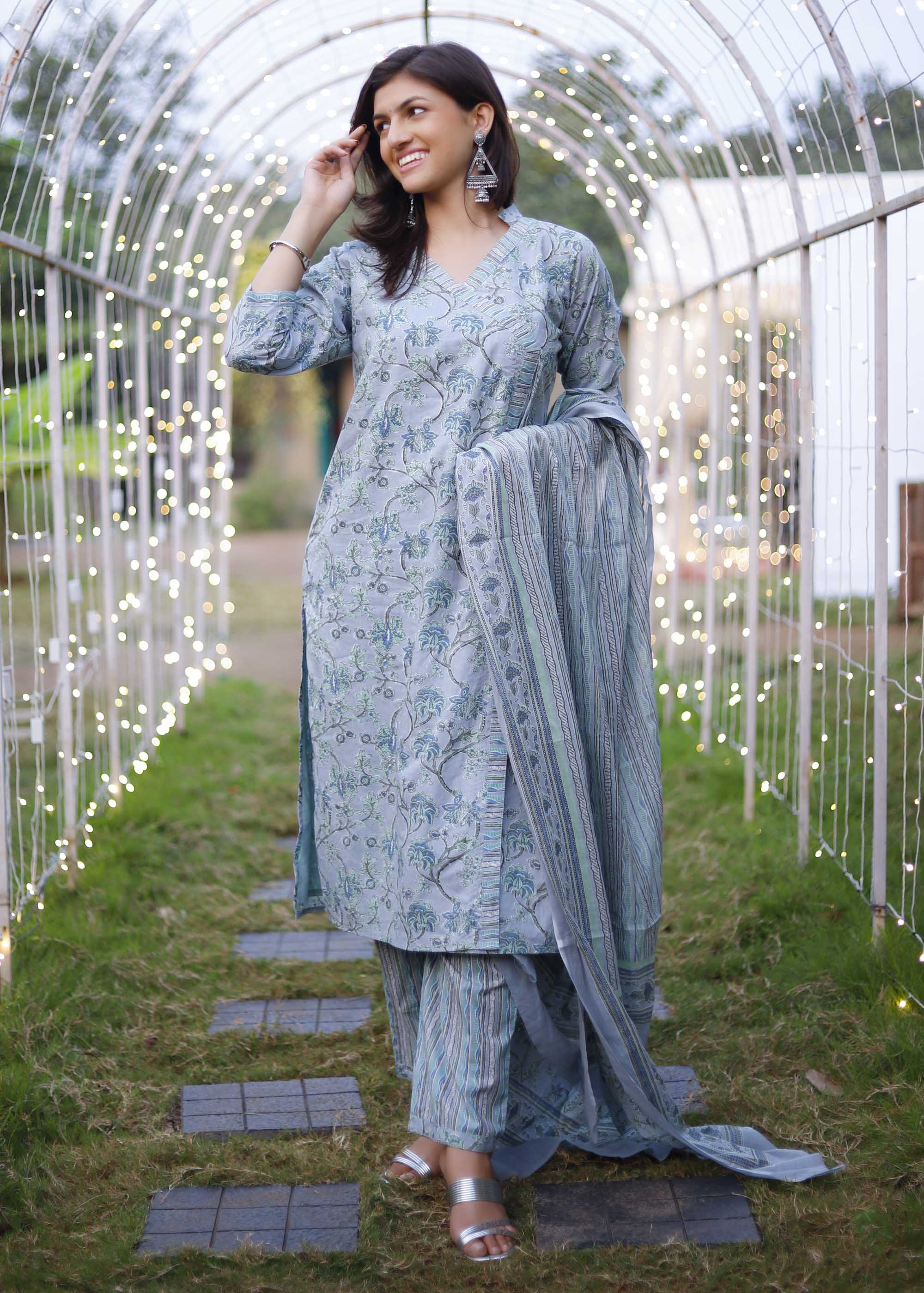 Grey Cotton Floral printed 3 piece Suit Set