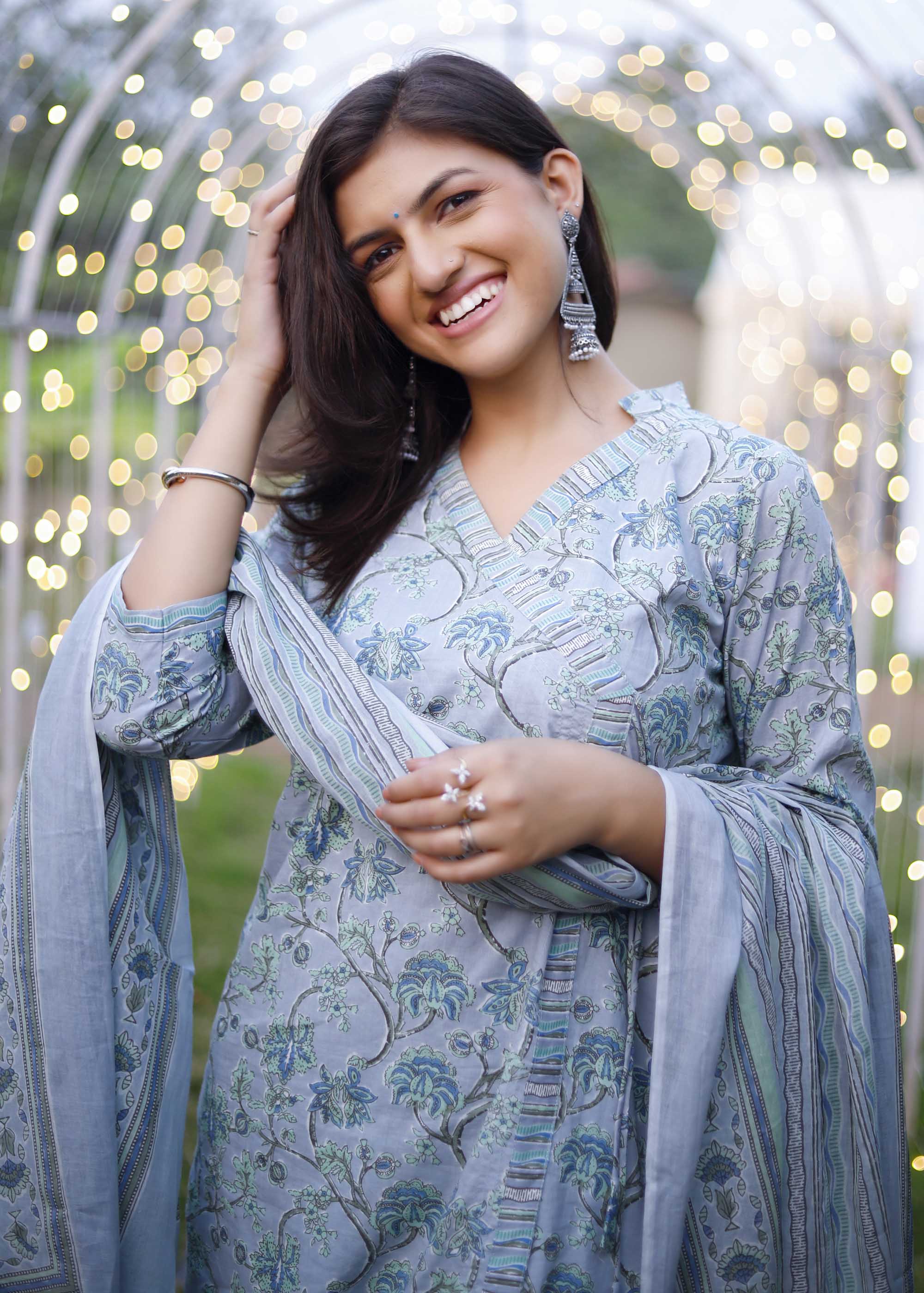 Grey Cotton Floral printed 3 piece Suit Set