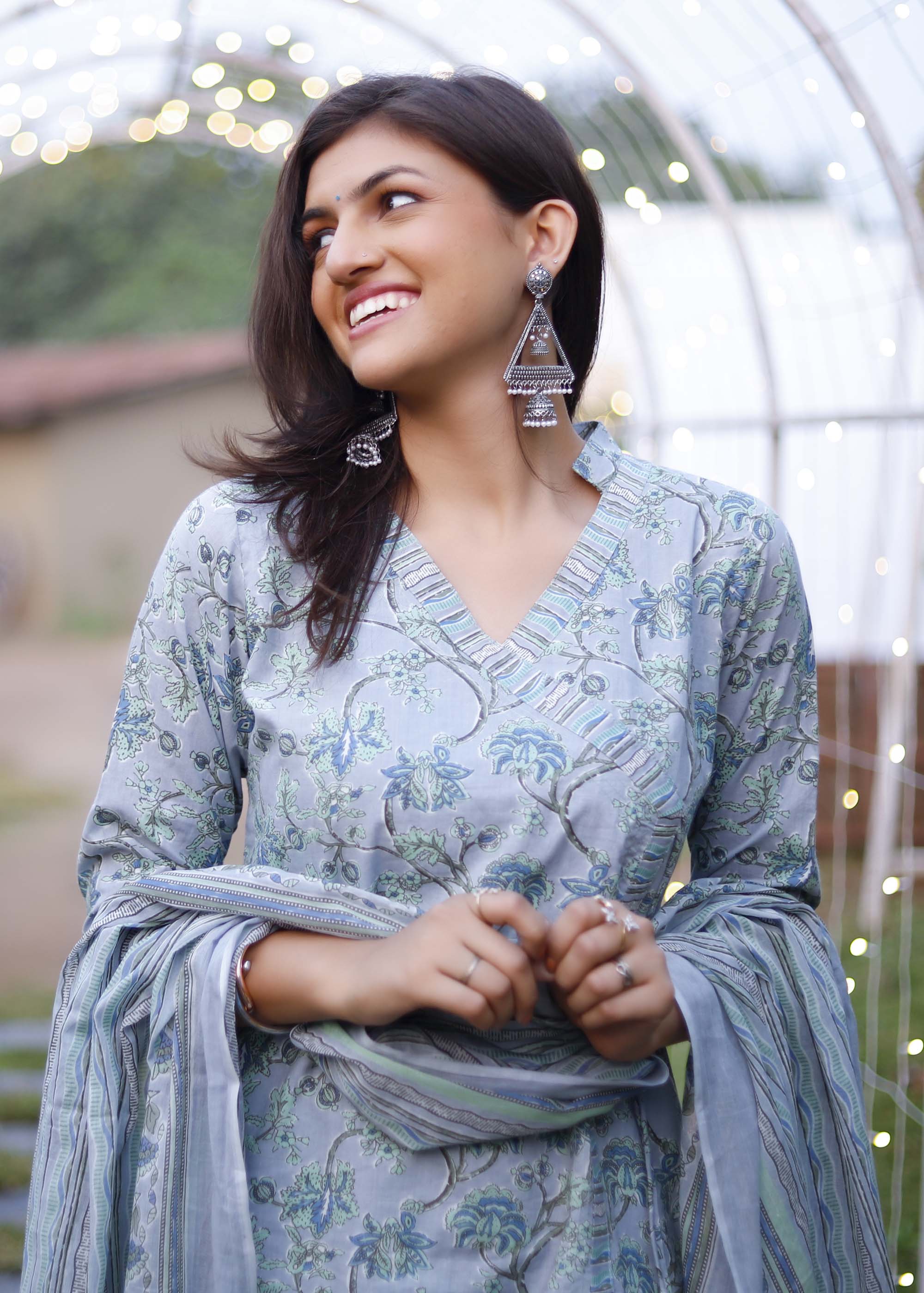 Grey Cotton Floral printed 3 piece Suit Set