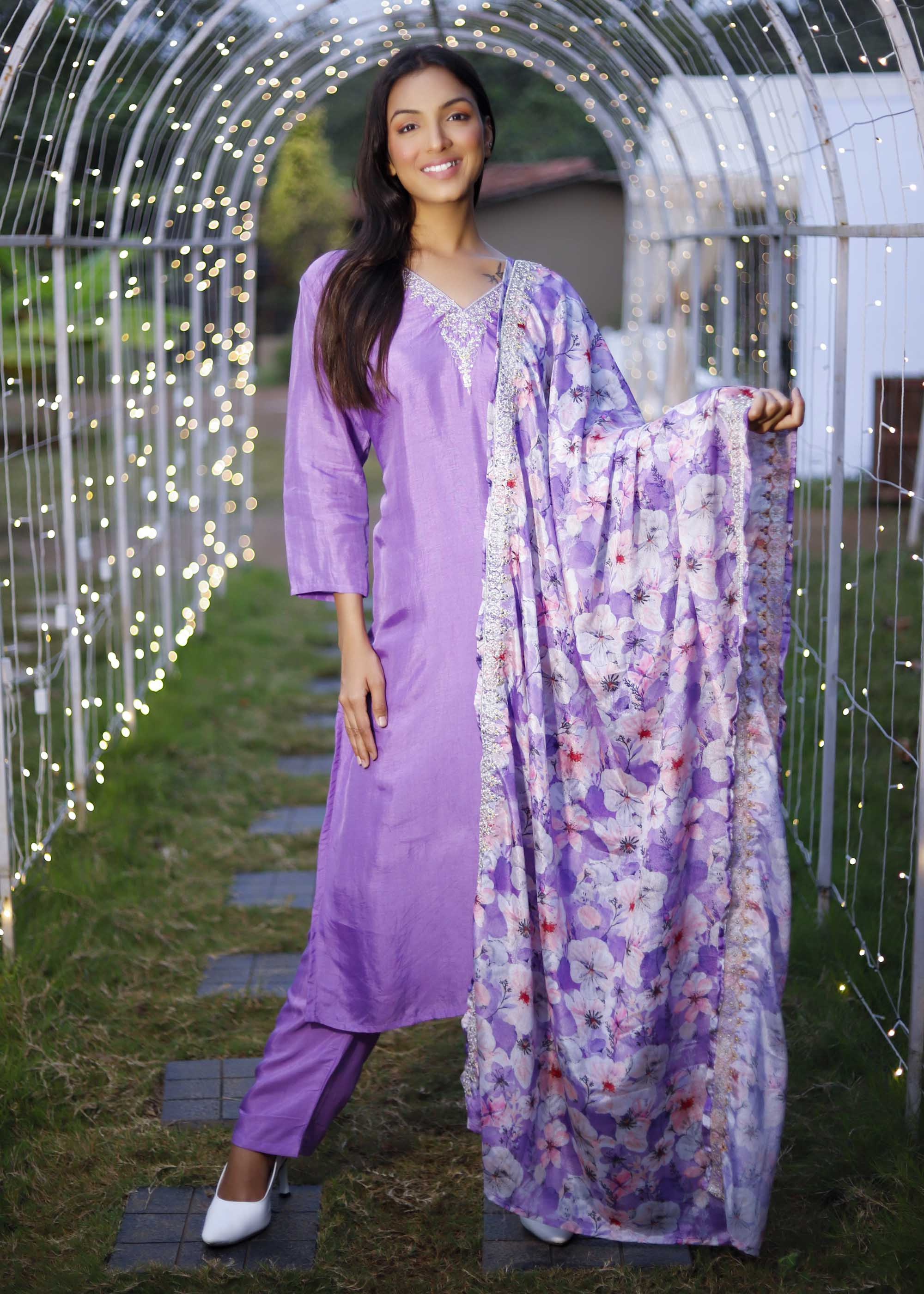 Purple 3 piece Muslin silk Suit set with floral dupatta