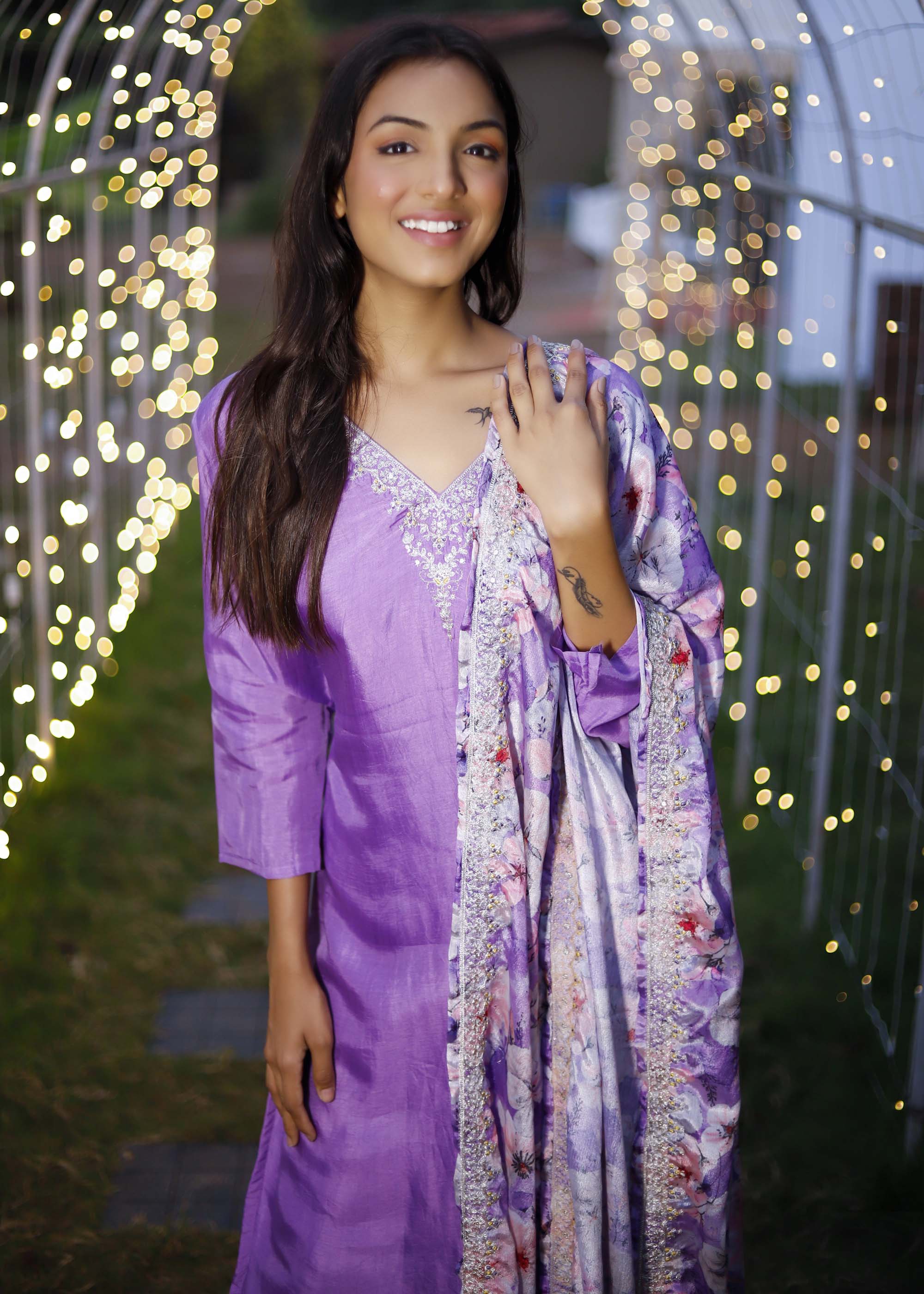 Purple 3 piece Muslin silk Suit set with floral dupatta