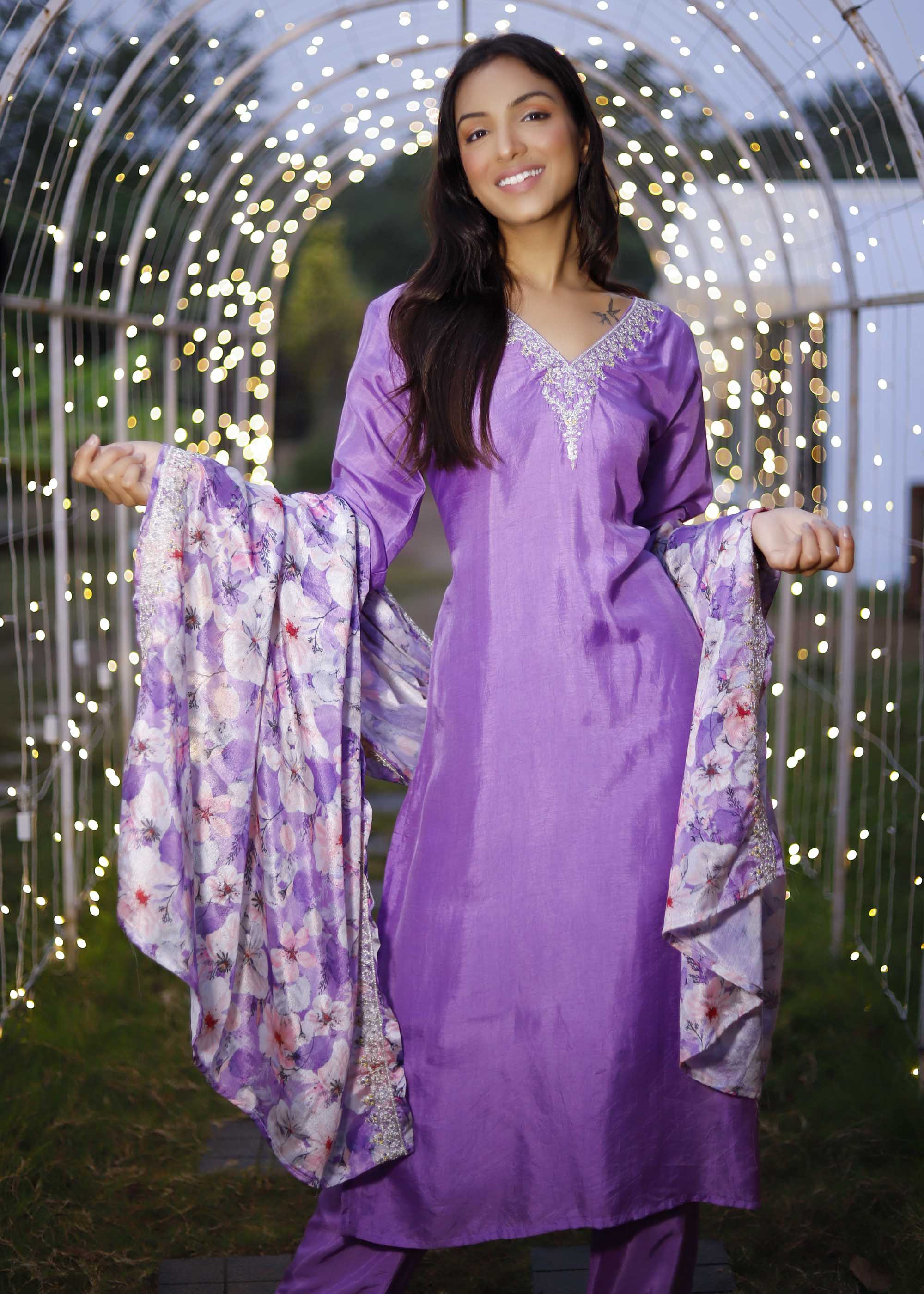 Purple 3 piece Muslin silk Suit set with floral dupatta