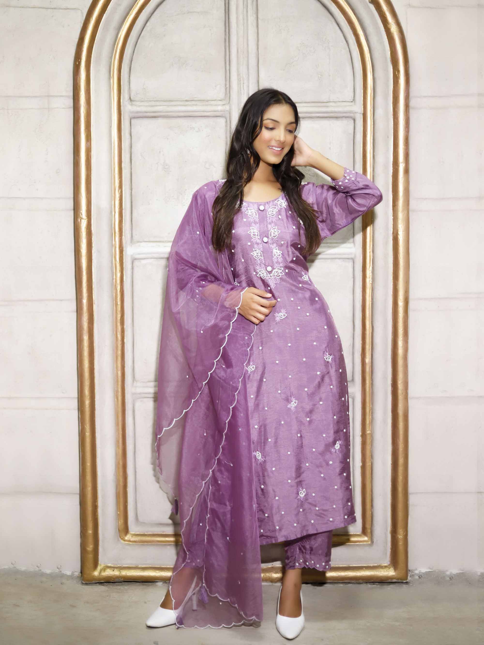 Purple 3 piece Taw silk emboridered Suit set