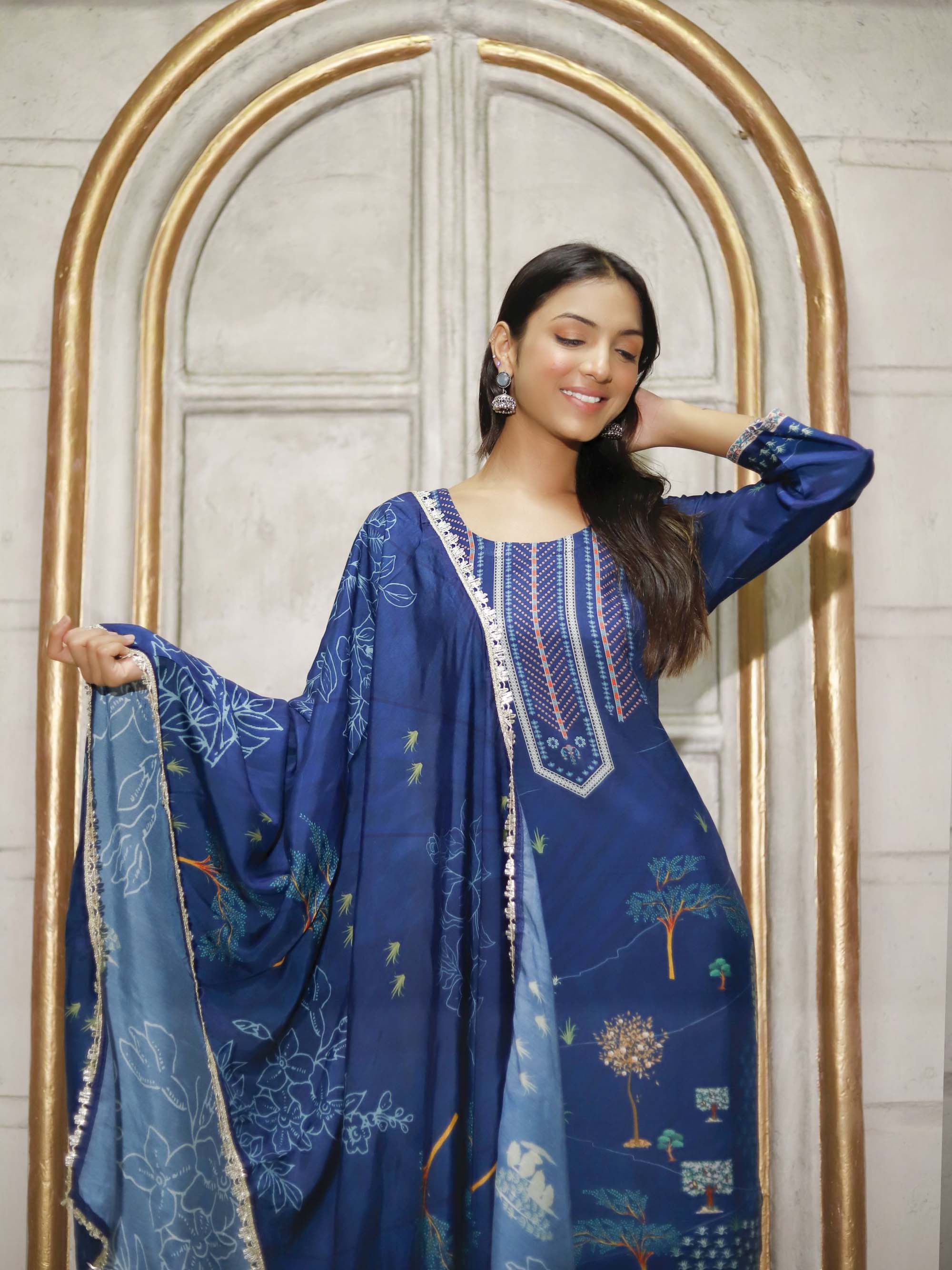 Navy Blue printed Muslin 3 piece Suit set