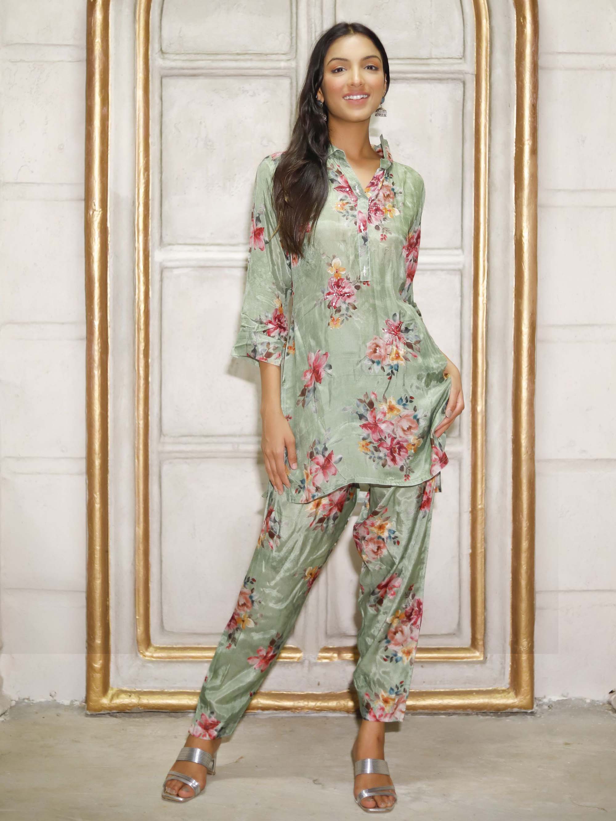 Olive Green Floral Pure Muslin Silk Co-ord set
