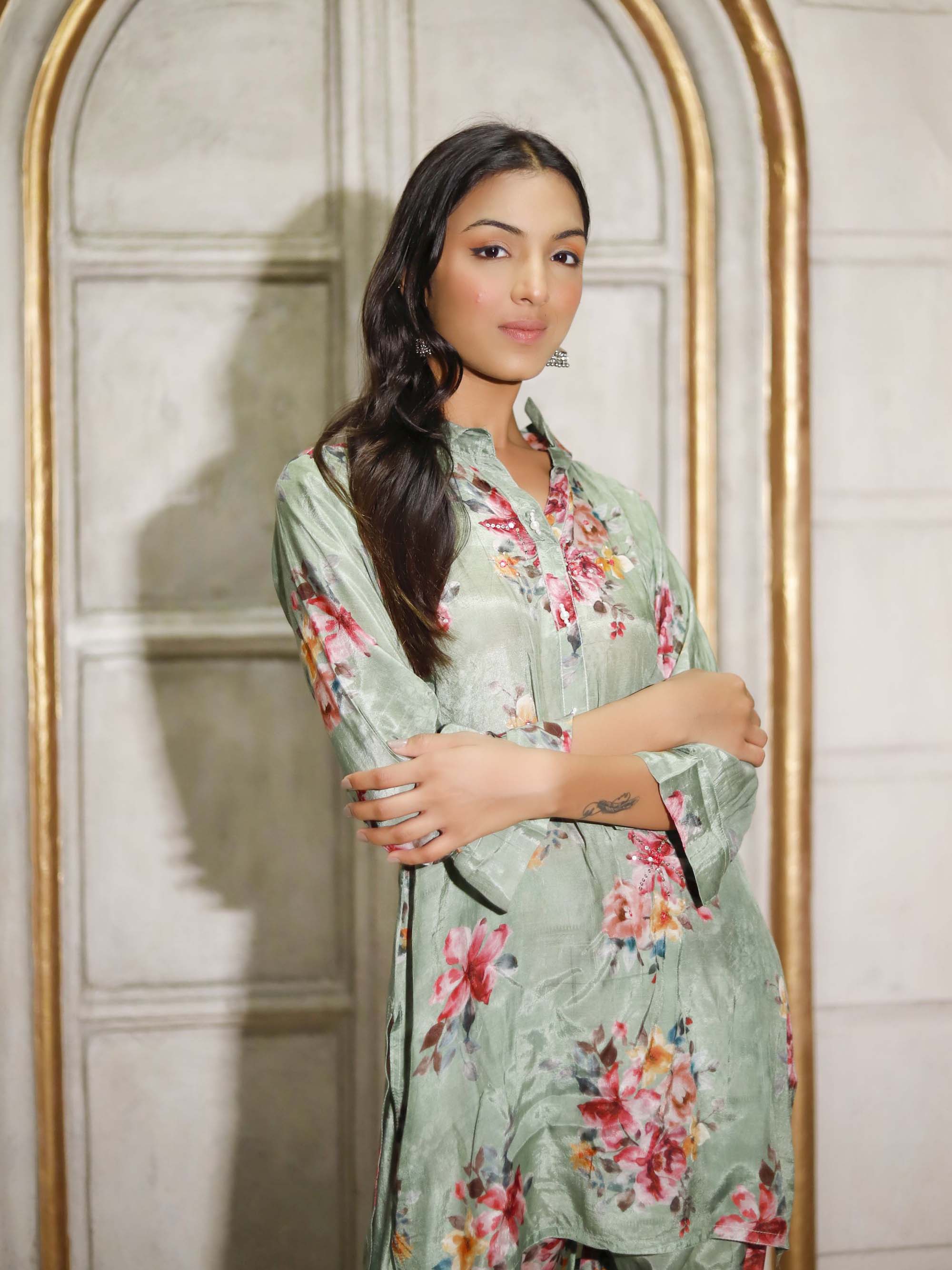 Olive Green Floral Pure Muslin Silk Co-ord set