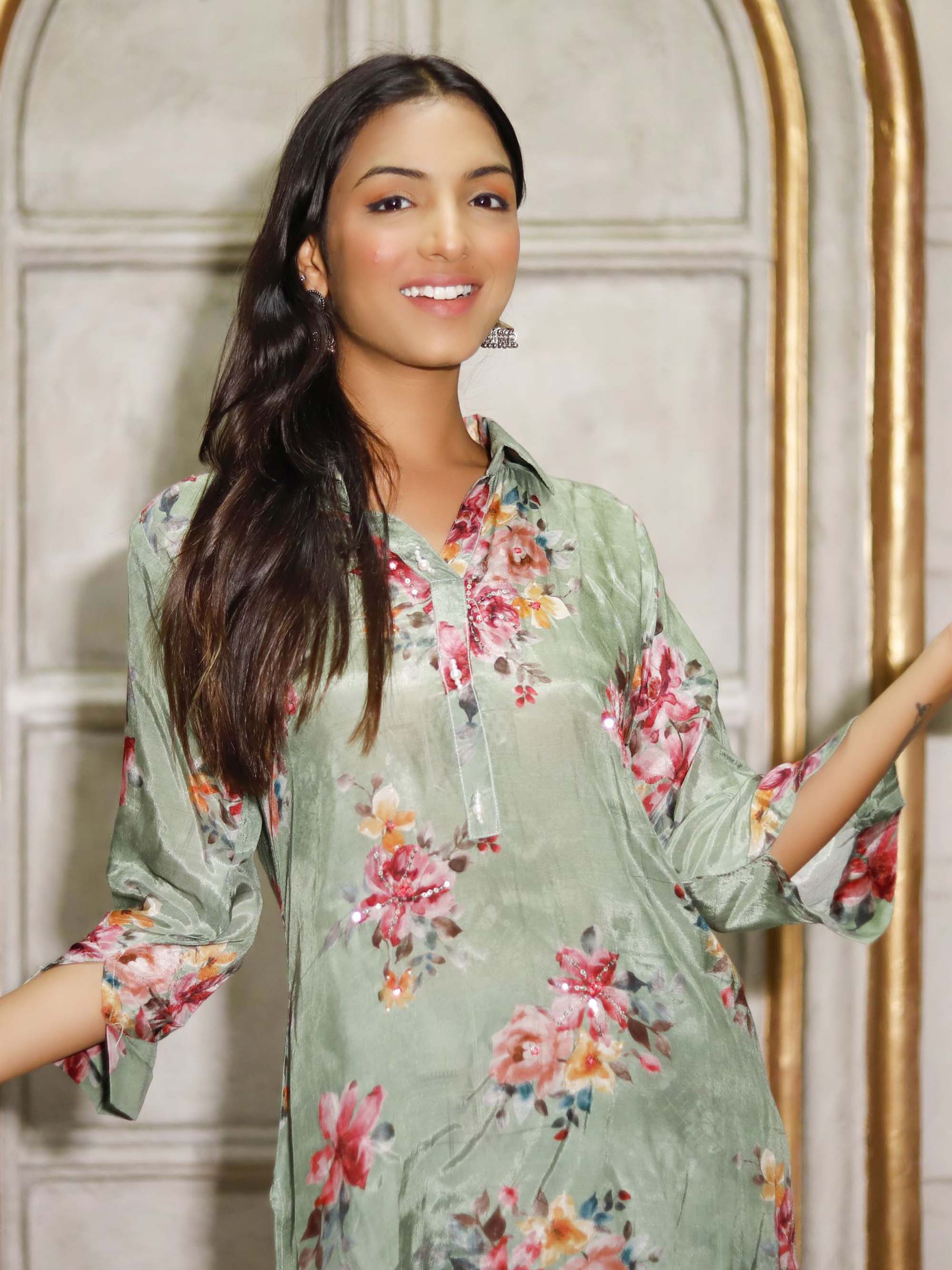 Olive Green Floral Pure Muslin Silk Co-ord set