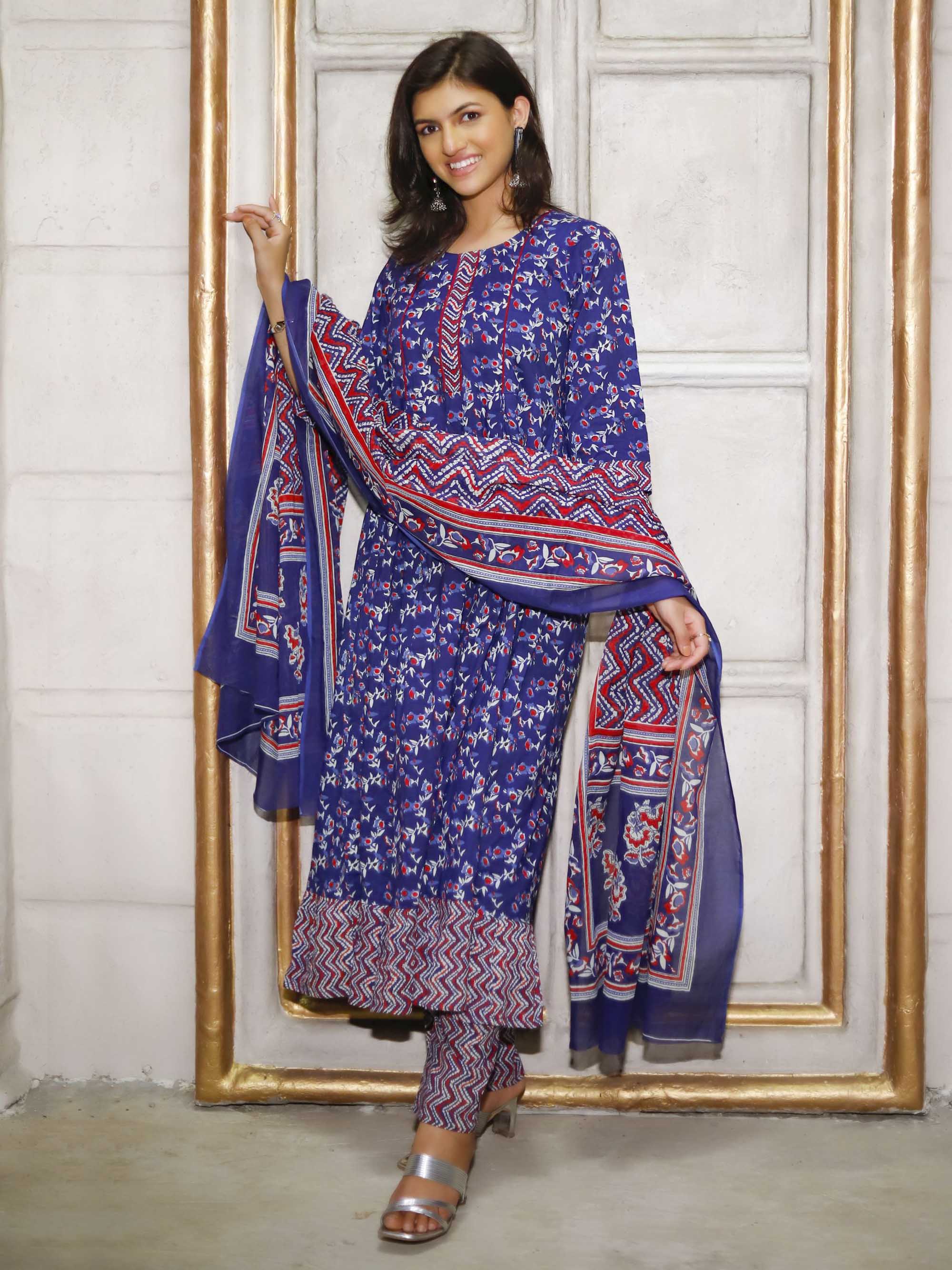 Blue Floral print Anarkali 3 piece Suit set