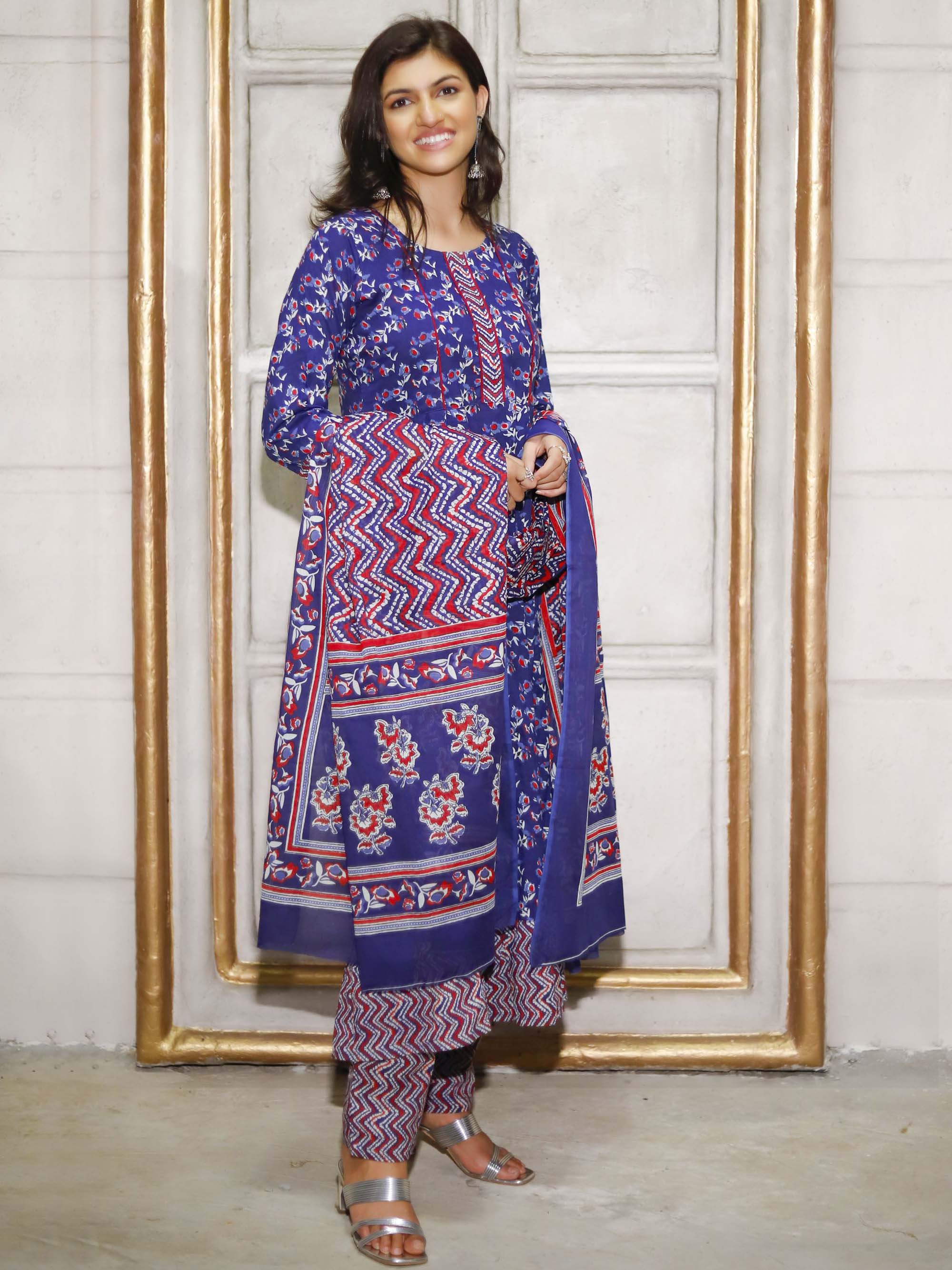 Blue Floral print Anarkali 3 piece Suit set