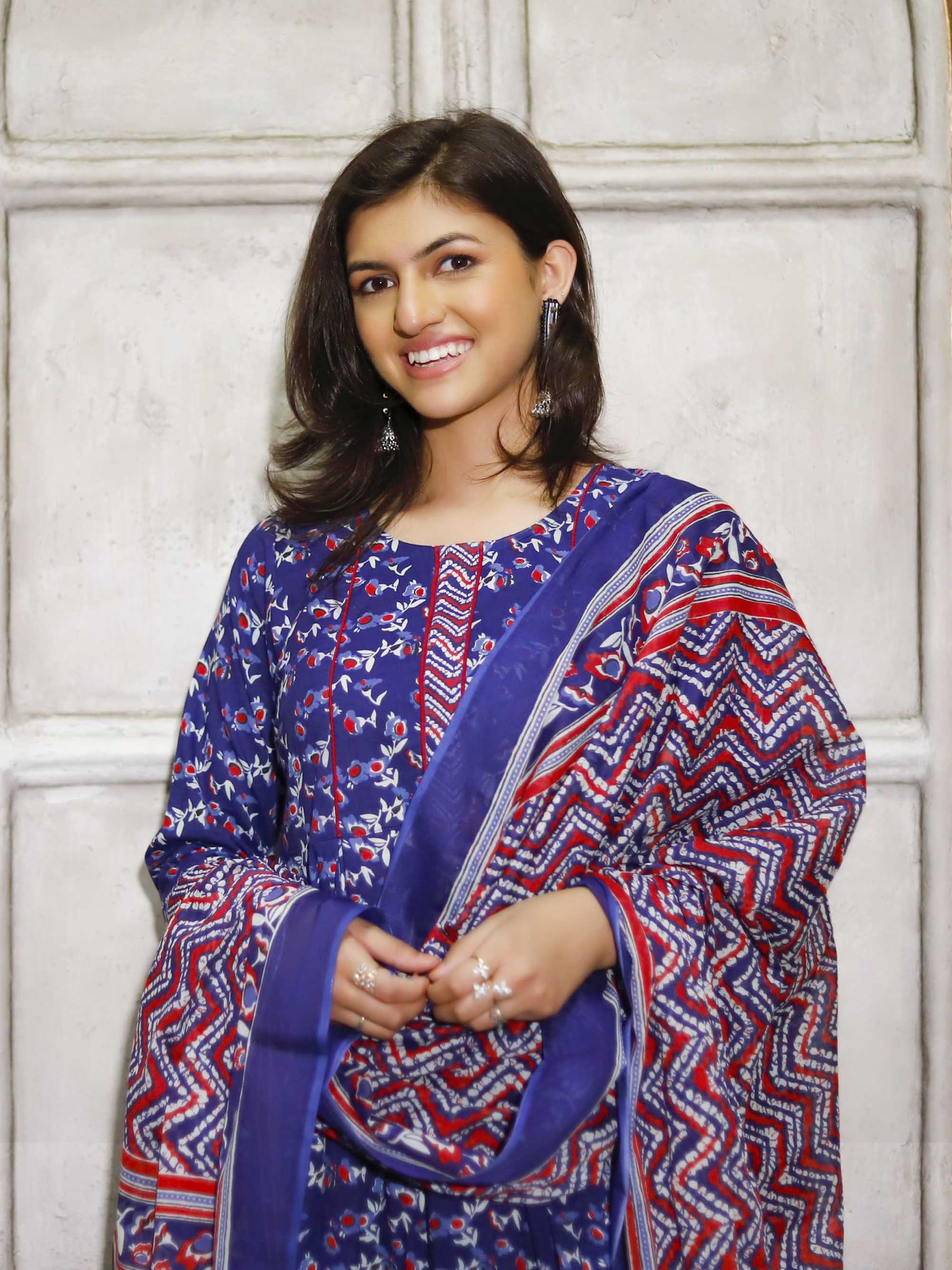 Blue Floral print Anarkali 3 piece Suit set