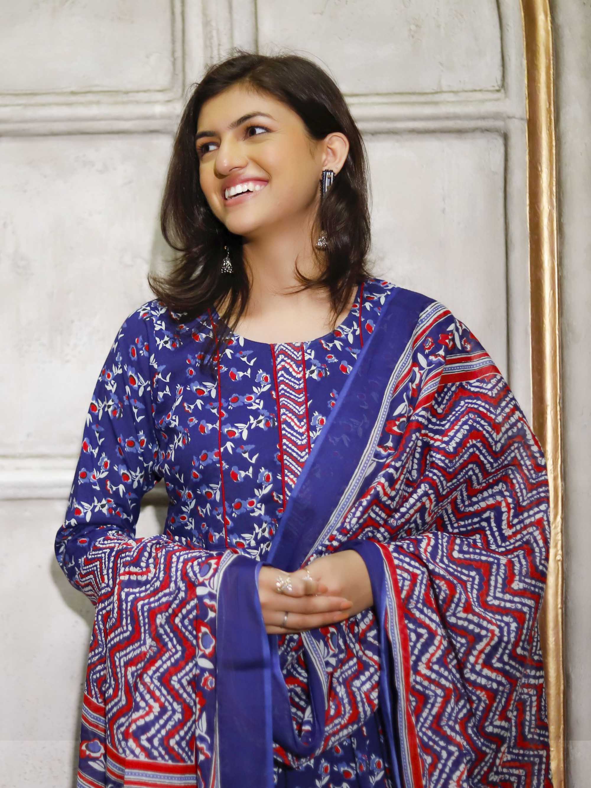 Blue Floral print Anarkali 3 piece Suit set