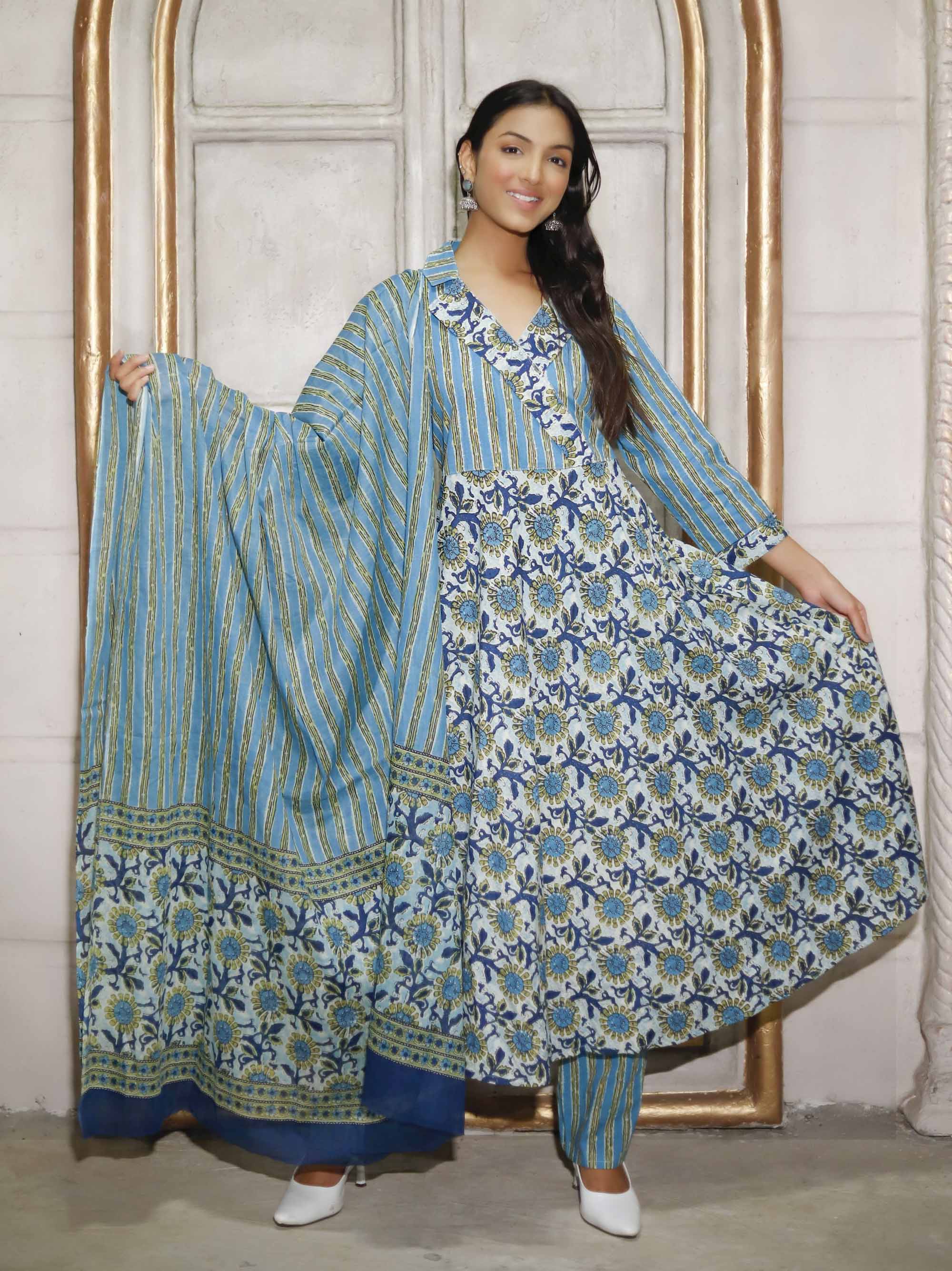 Green Cotton printed Anarkali Suit Set