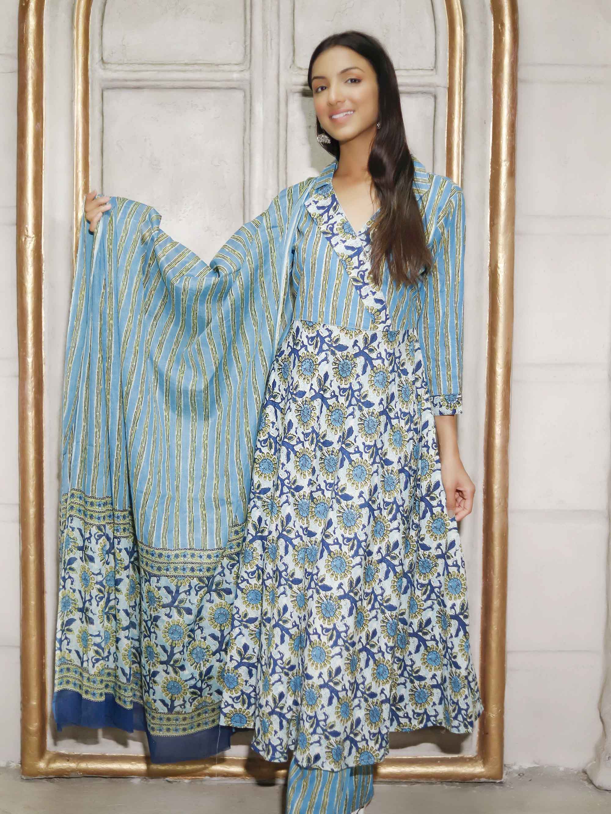 Green Cotton printed Anarkali Suit Set