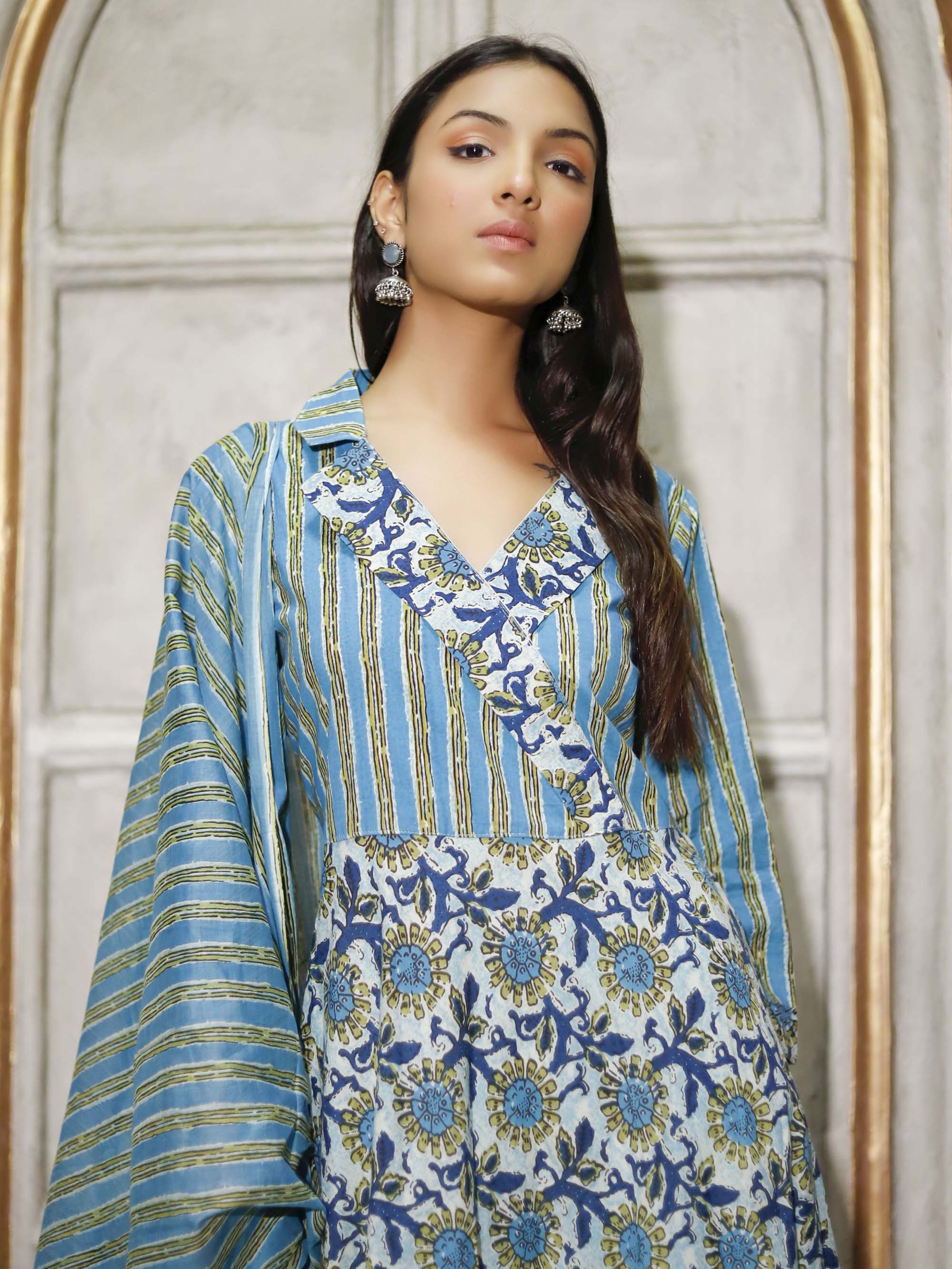 Green Cotton printed Anarkali Suit Set