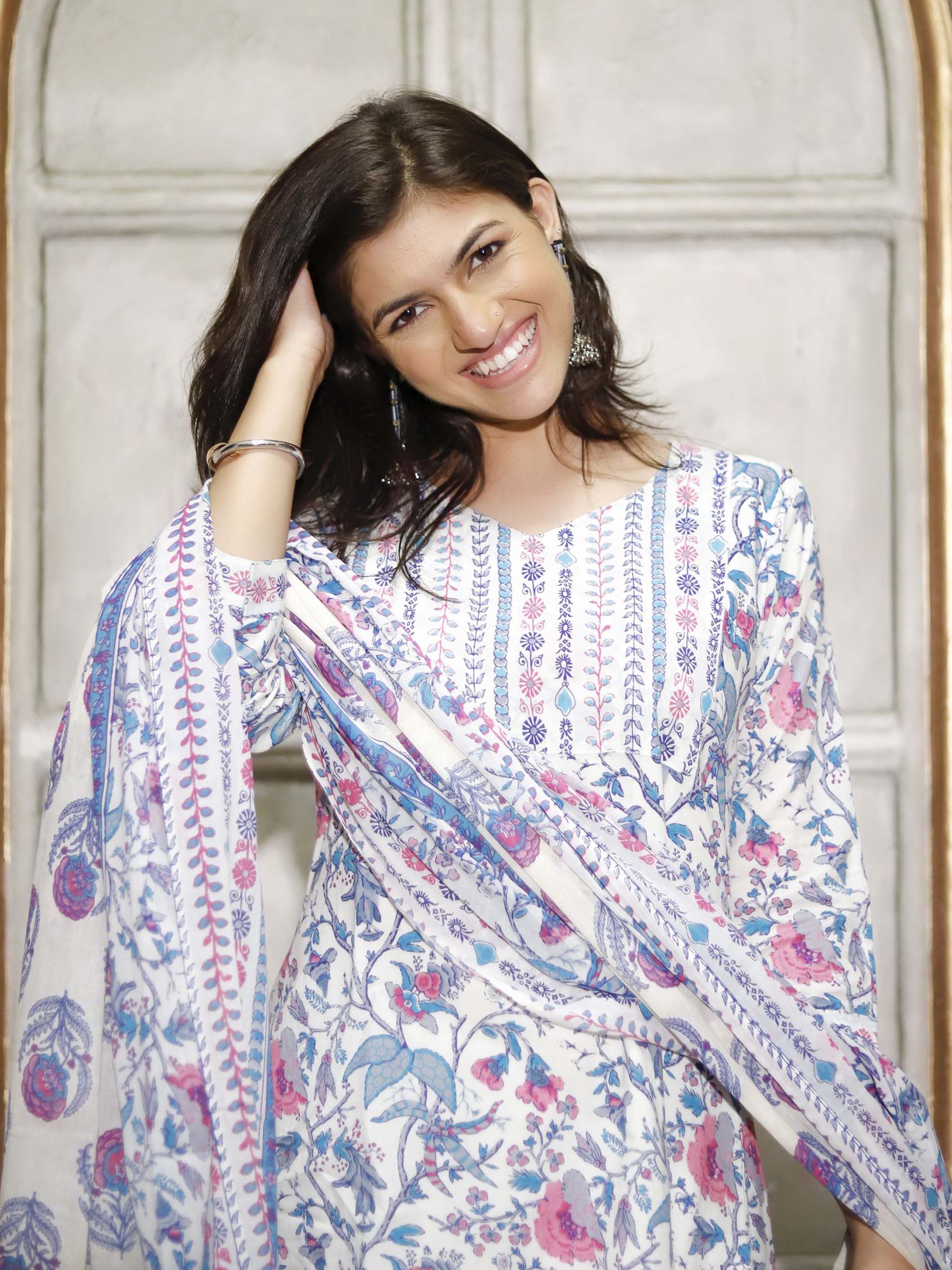 Printed cotton straight fit suit set with dupatta