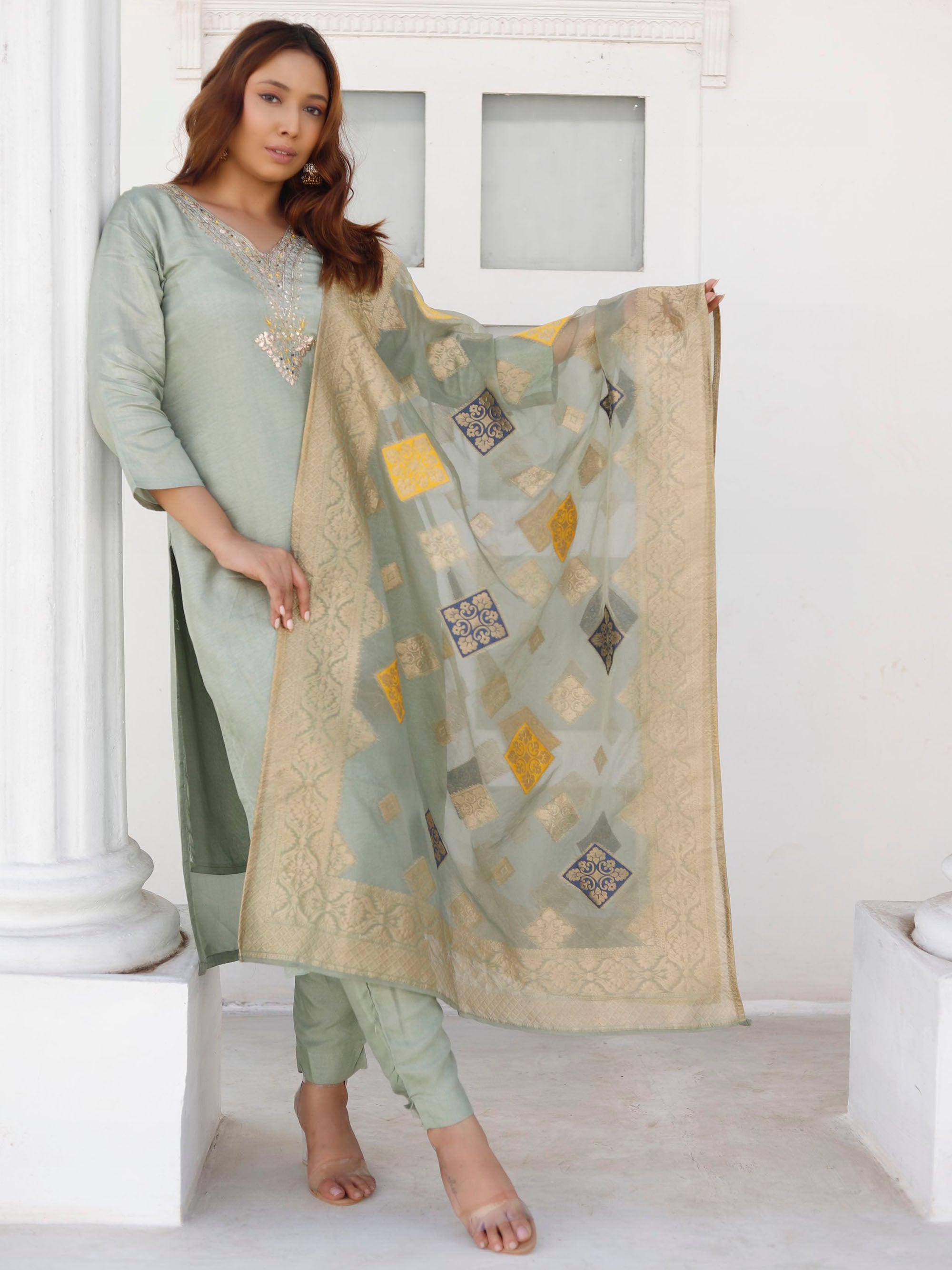 Olive Green 3 piece Zari Suit Set with Banarsi Dupatta