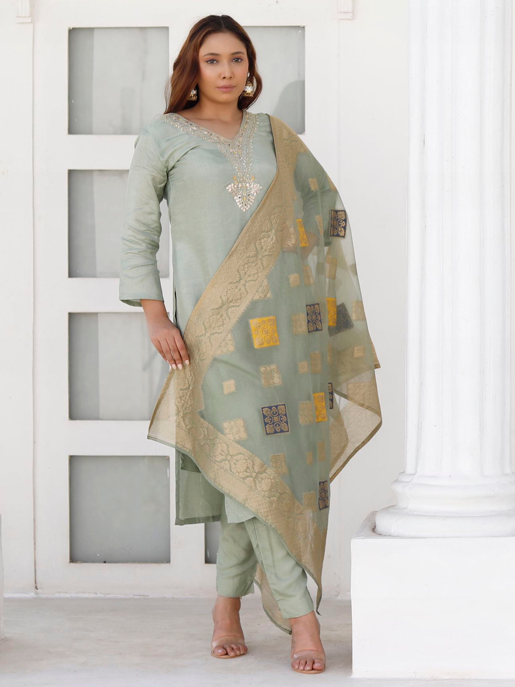Olive Green 3 piece Zari Suit Set with Banarsi Dupatta