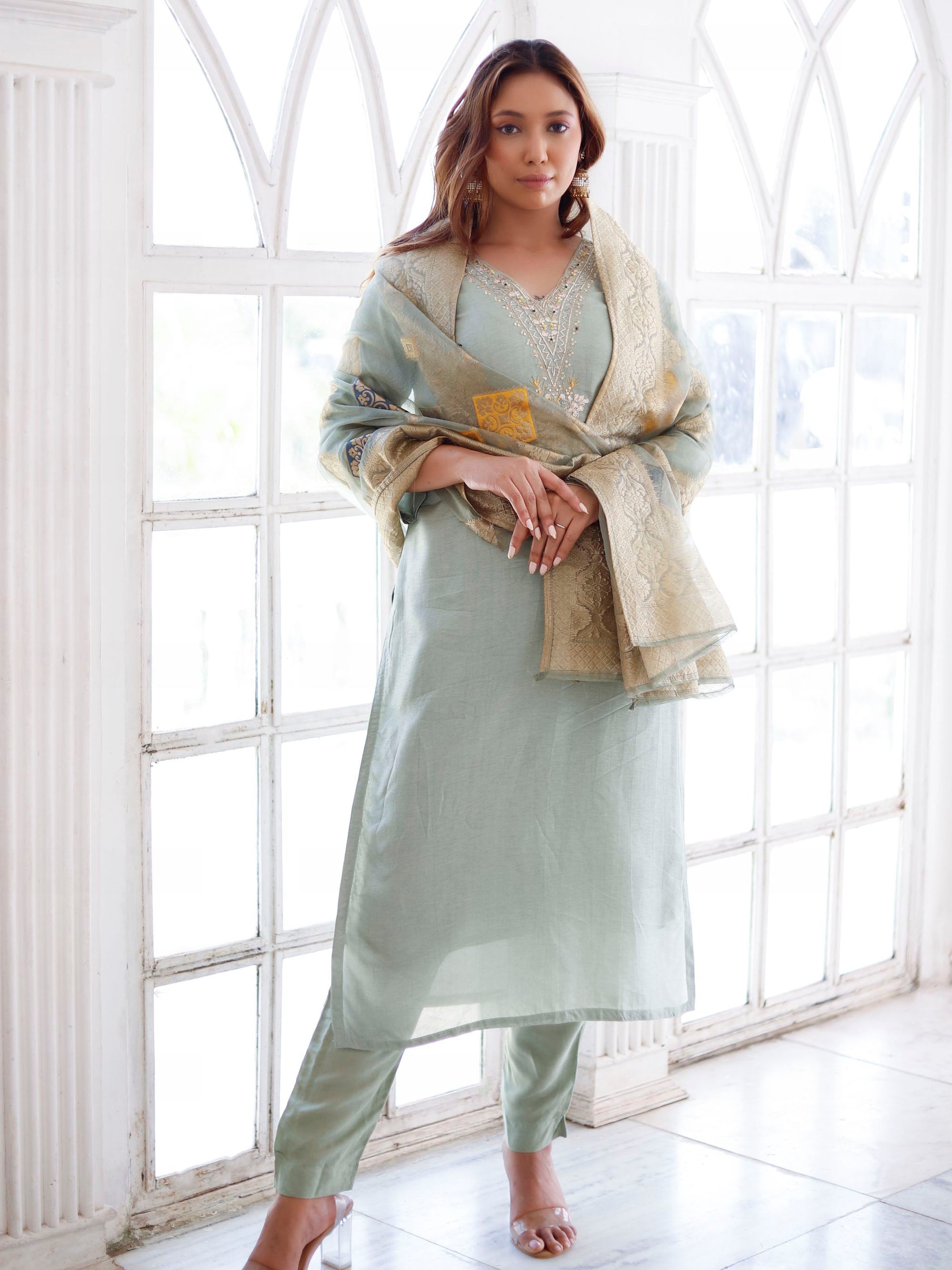 Olive Green 3 piece Zari Suit Set with Banarsi Dupatta