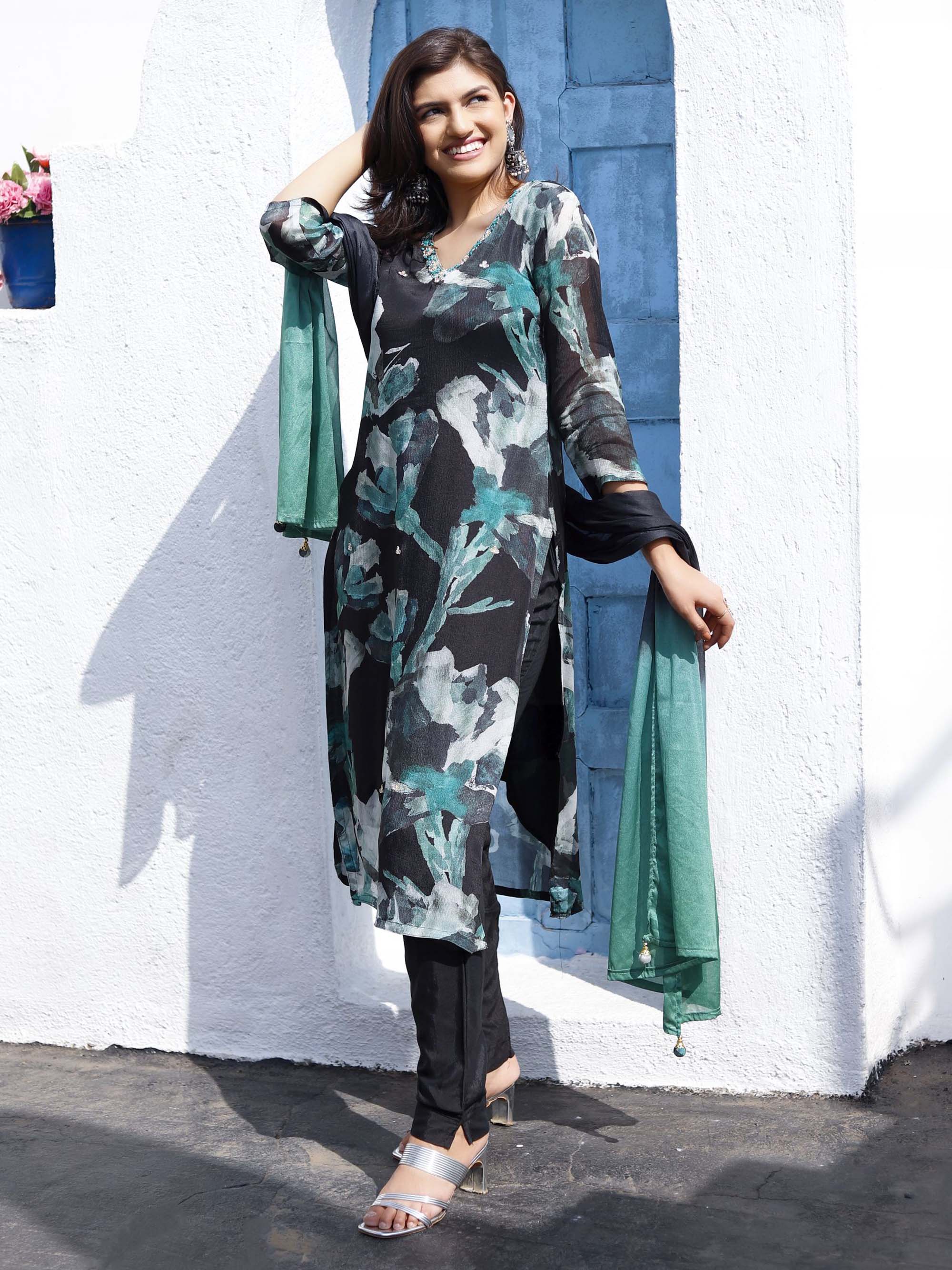 Black printed Muslin Suit set