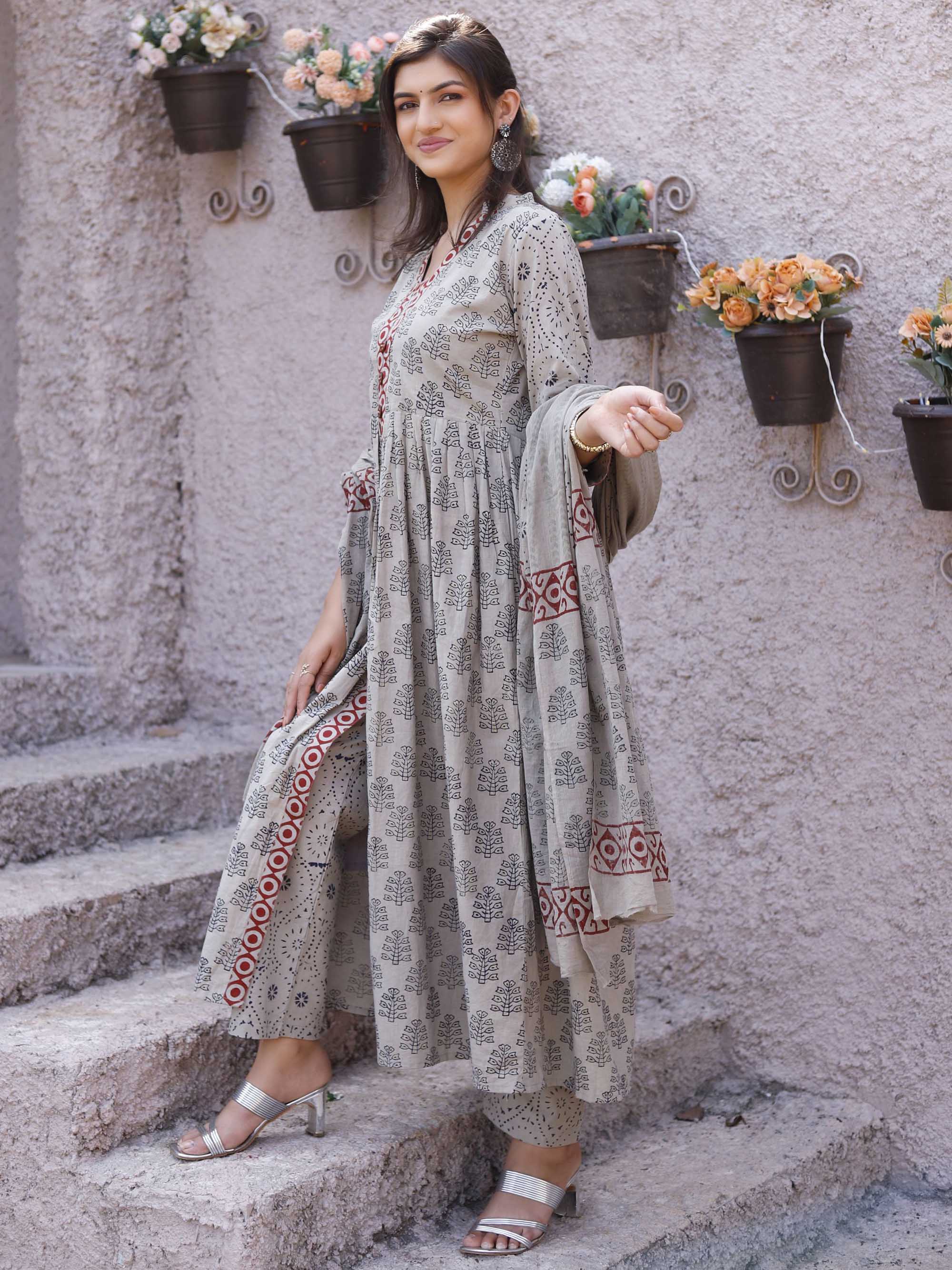 Block Print Grey Cotton suit set