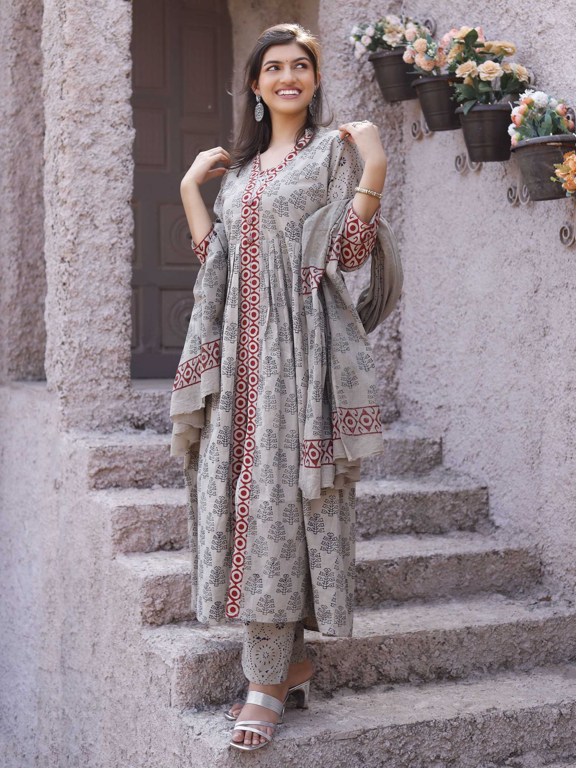 Block Print Grey Cotton suit set
