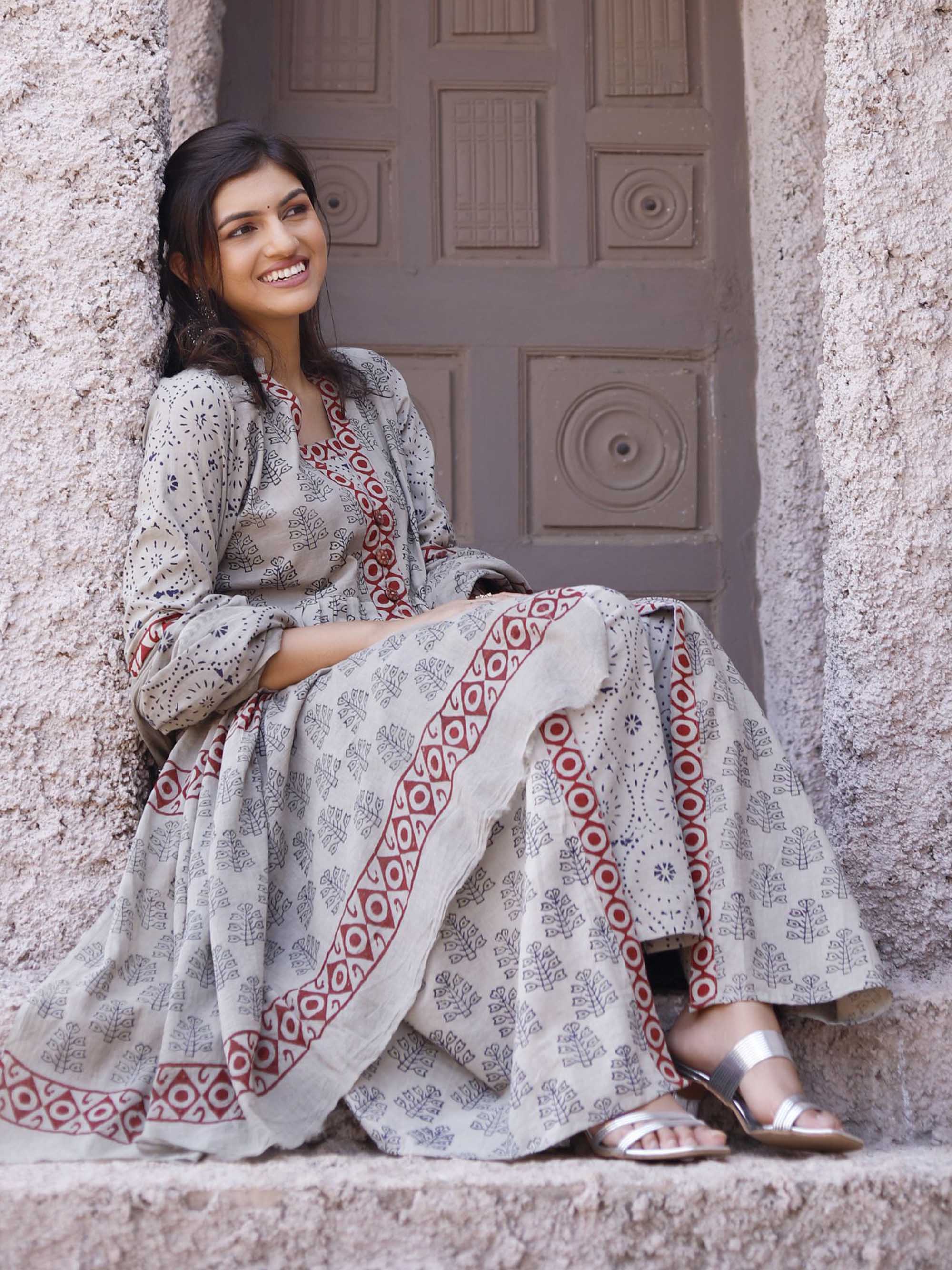 Block Print Grey Cotton suit set