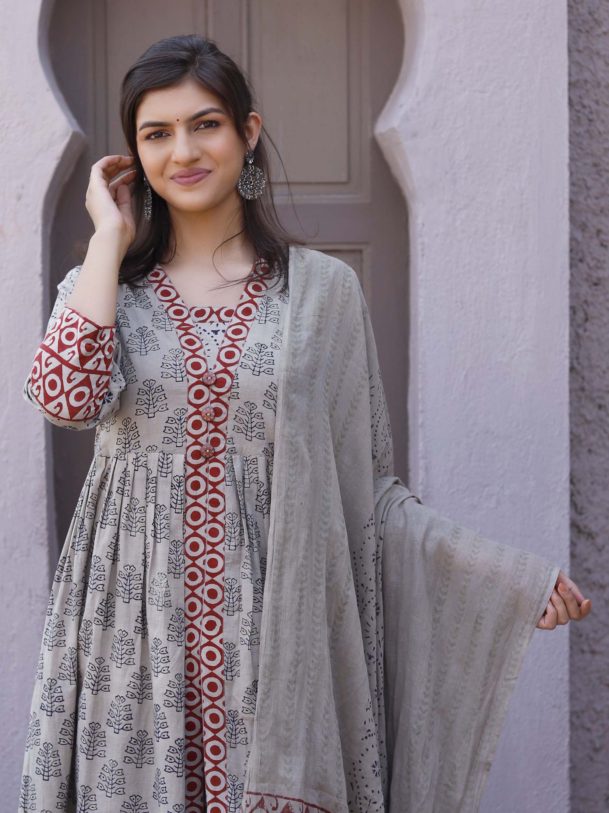 Block Print Grey Cotton suit set