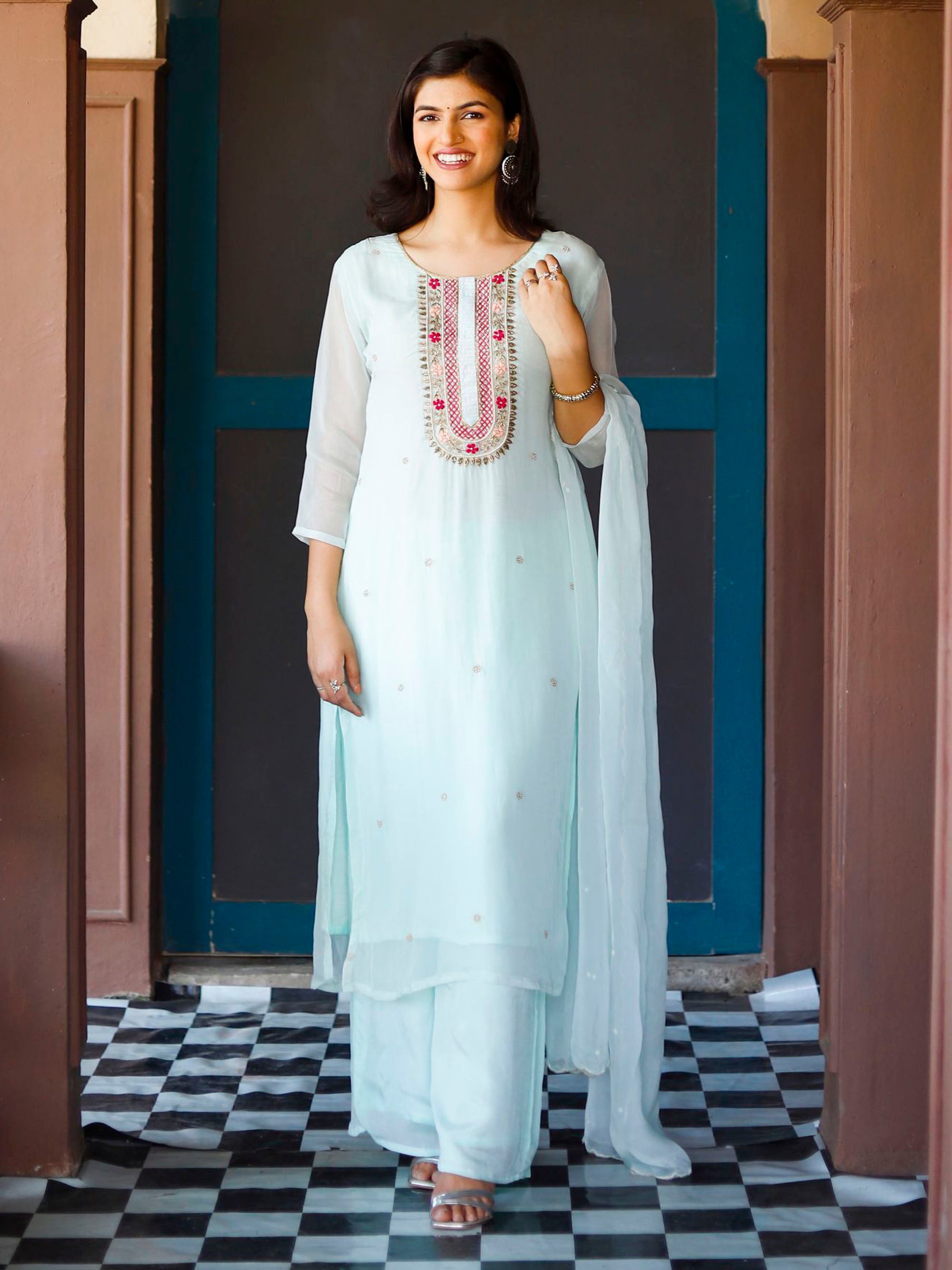 Sky blue 3 piece palazzo Organza Suit set
