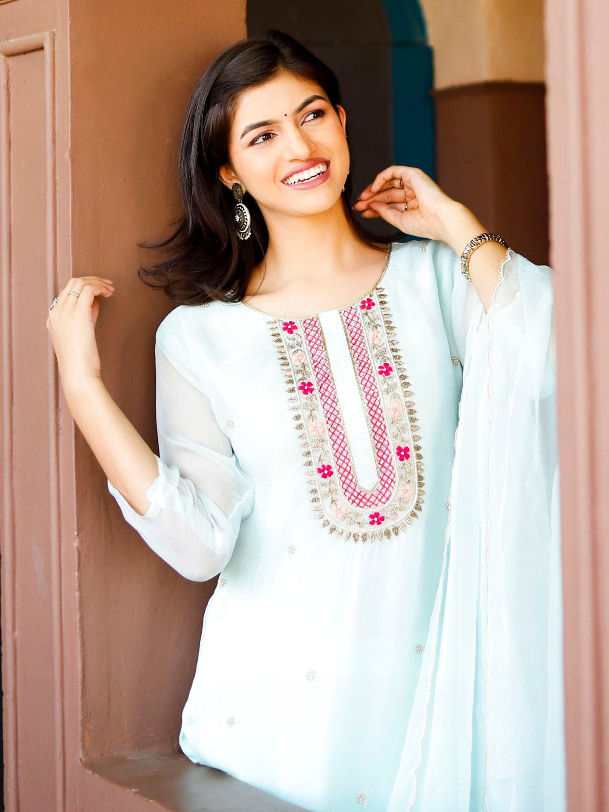 Sky blue 3 piece palazzo Organza Suit set