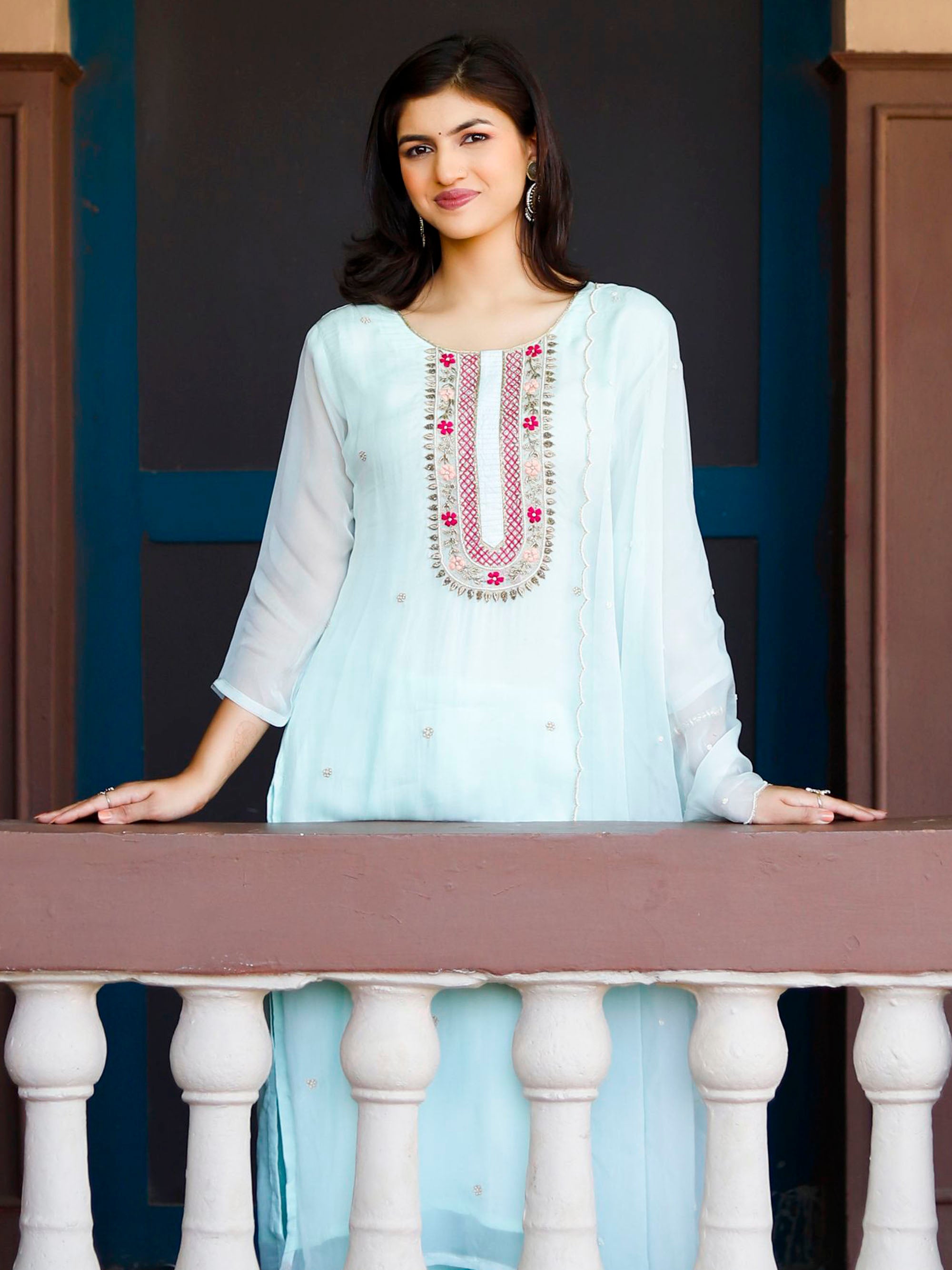 Sky blue 3 piece palazzo Organza Suit set