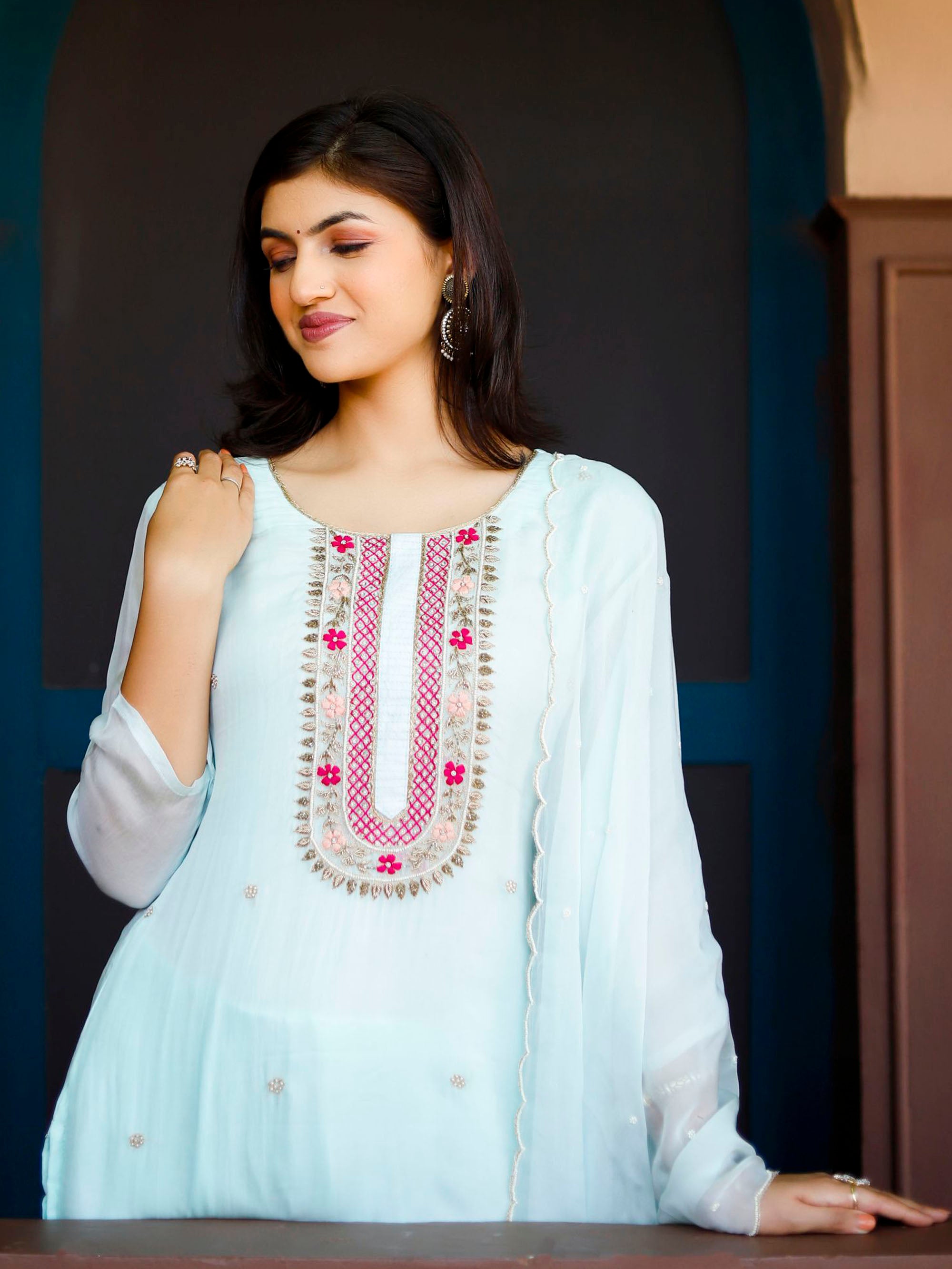 Sky blue 3 piece palazzo Organza Suit set