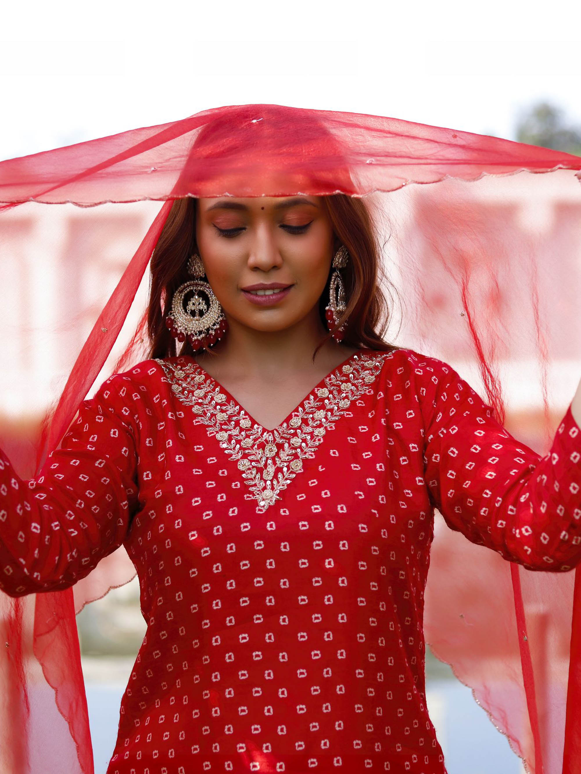 Red Pure Muslin Silk bandani Suit set