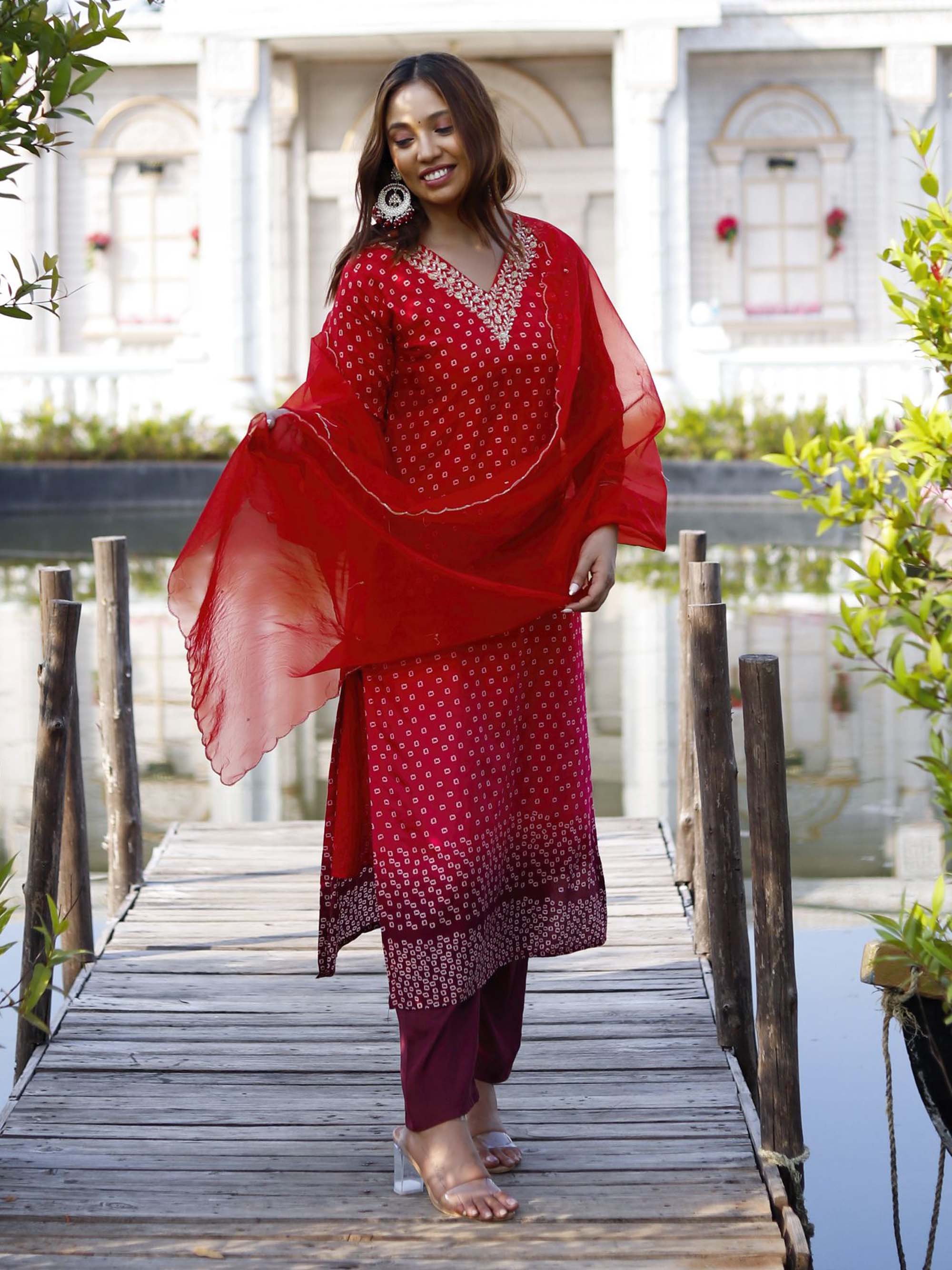 Red Pure Muslin Silk bandani Suit set