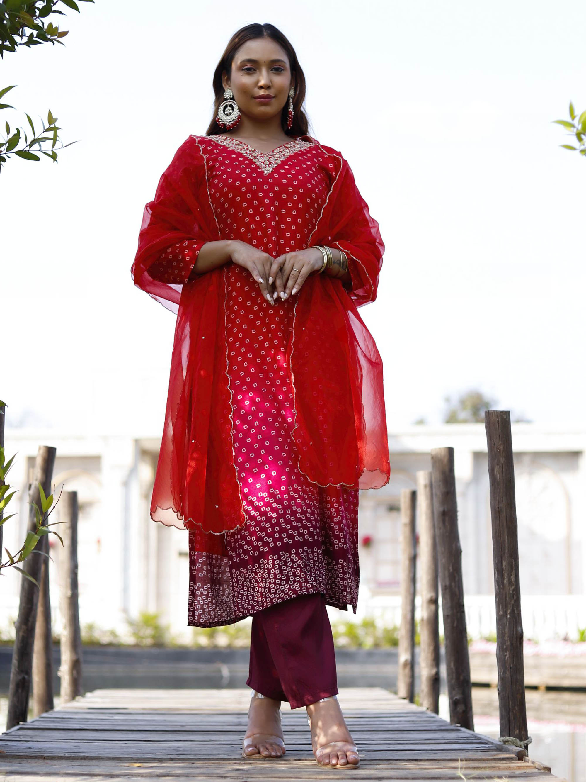 Red Pure Muslin Silk bandani Suit set