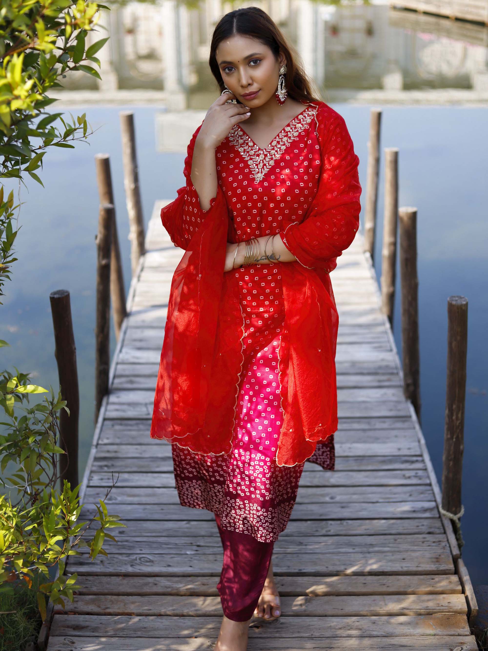 Red Pure Muslin Silk bandani Suit set