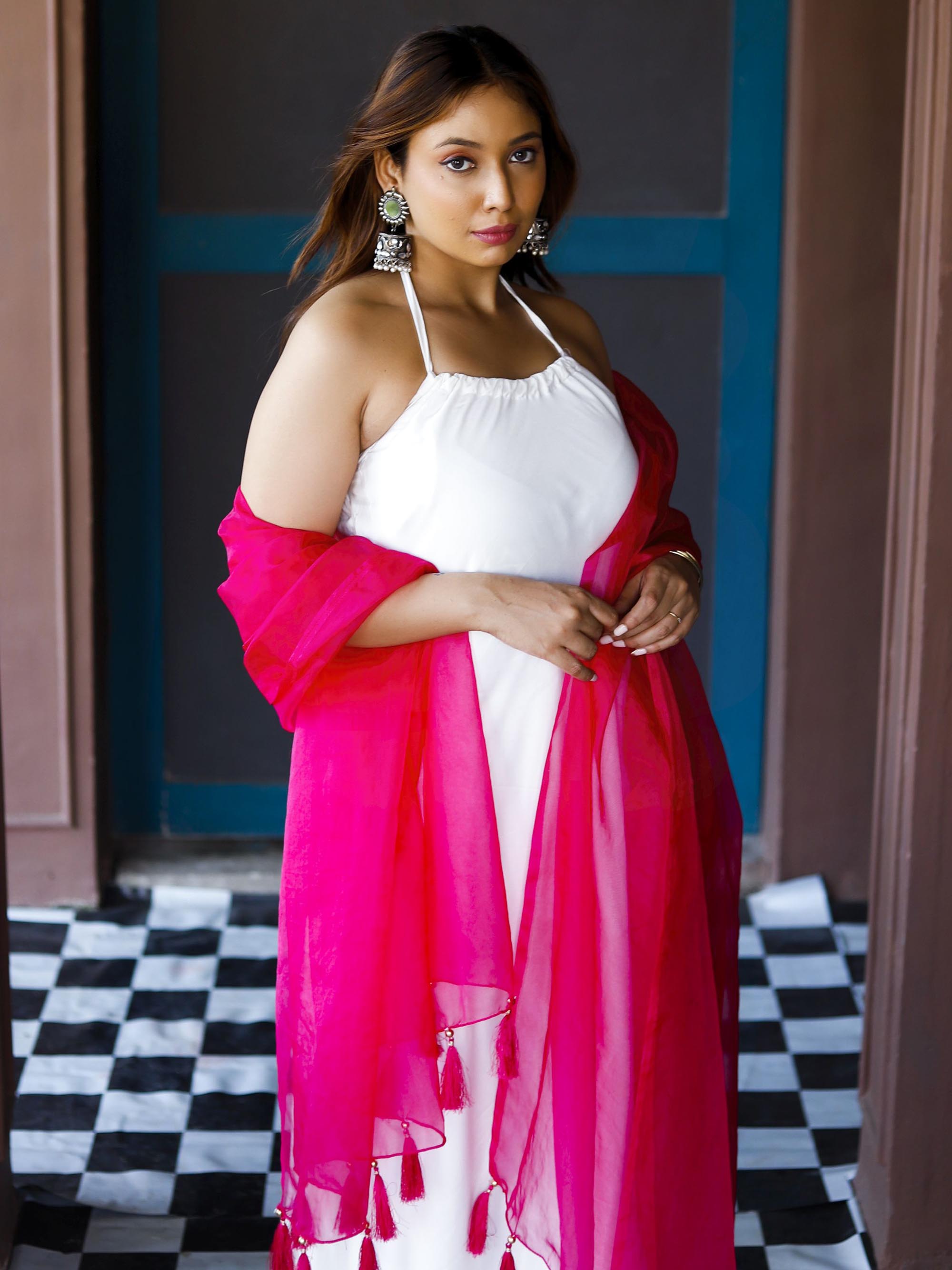White Modal A-line Halter neck Suit set