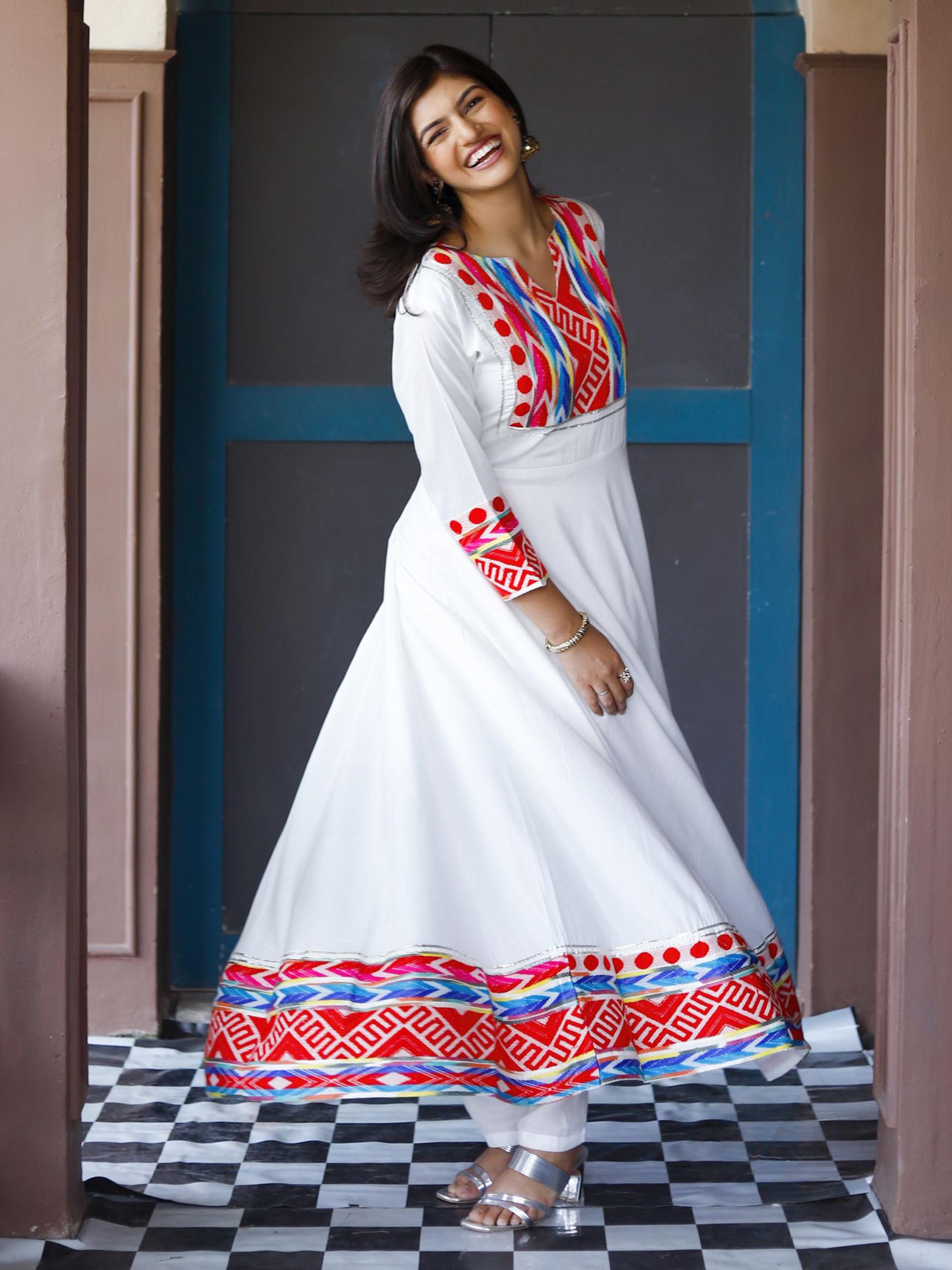 White Anarkali Kurta set with patch work