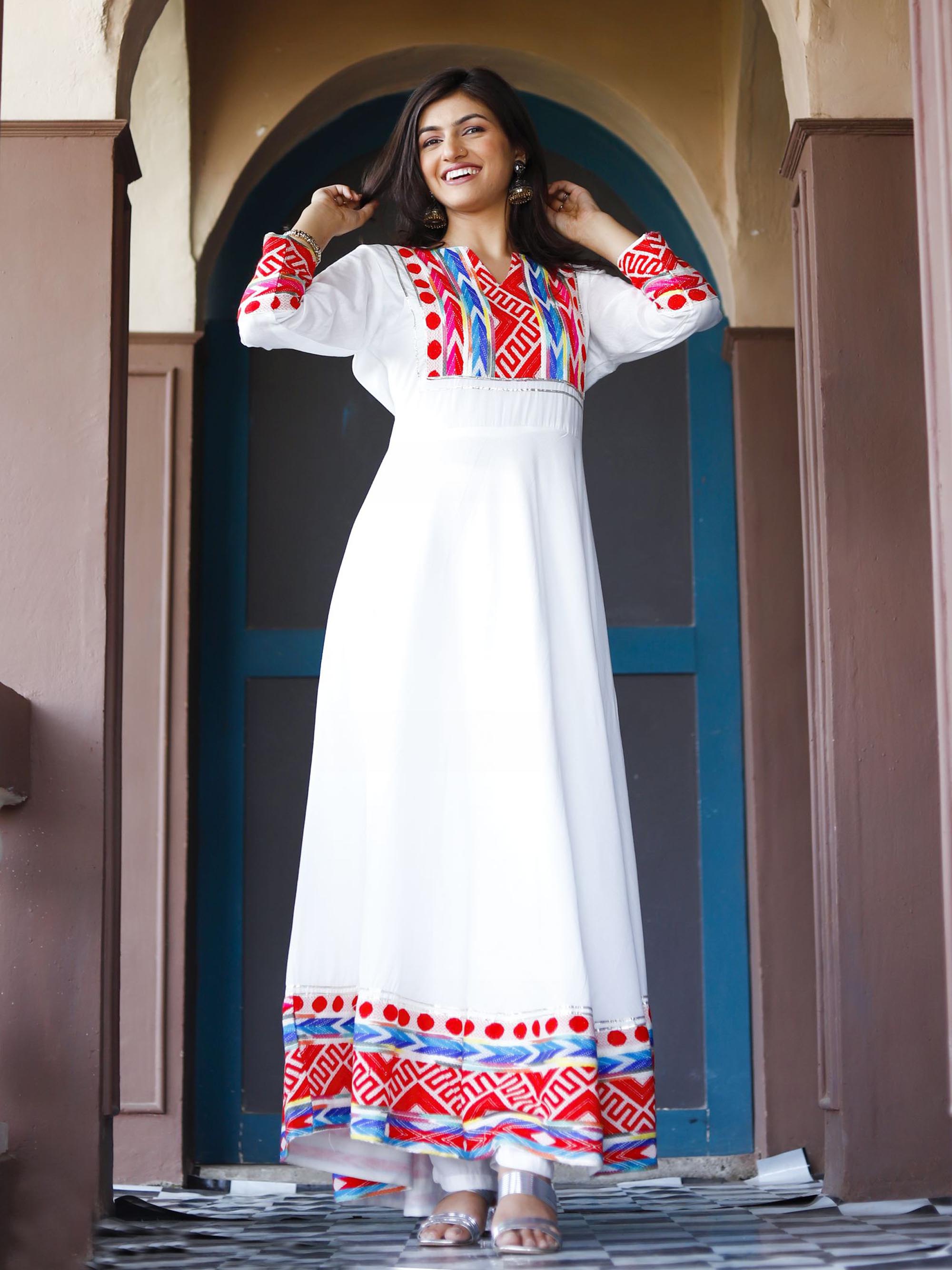 White Anarkali Kurta set with patch work