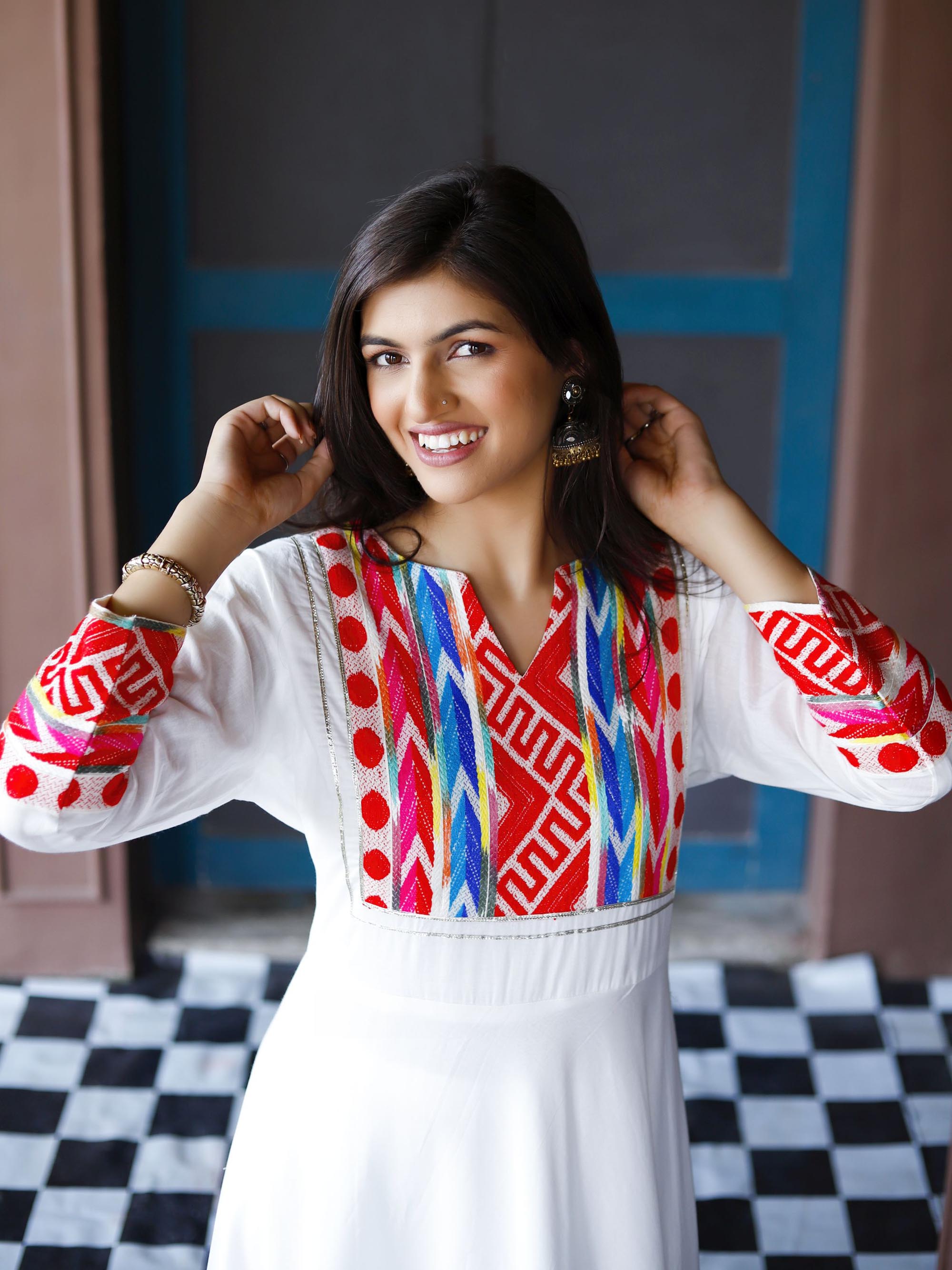 White Anarkali Kurta set with patch work